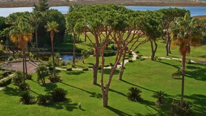 A golf course with a water body, palm trees, and a distant view of the sea.