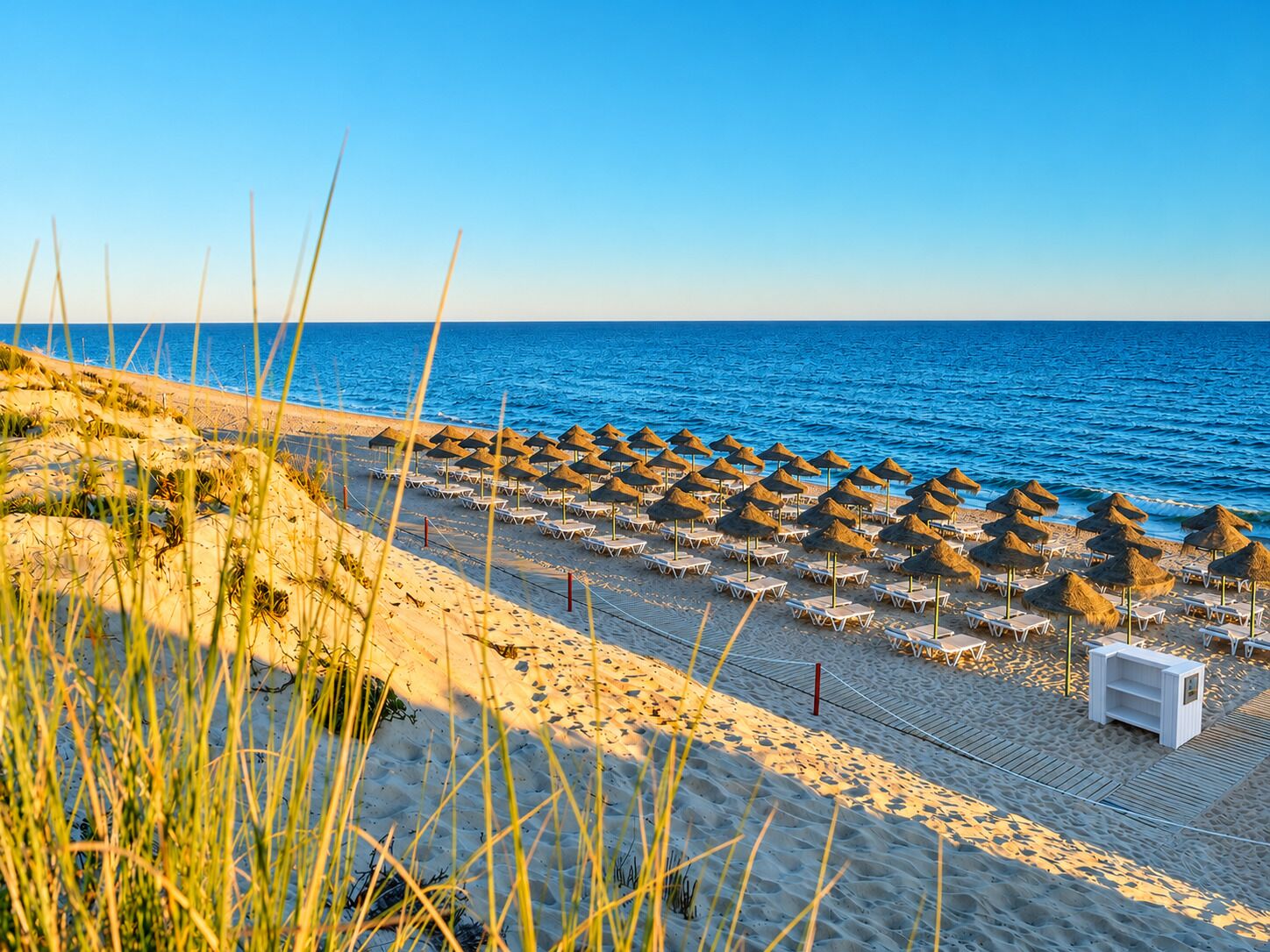 Une plage bordée de rangées de chaises longues et d’ombrelles en chaume, une promenade en bois et l’océan en toile de fond.
