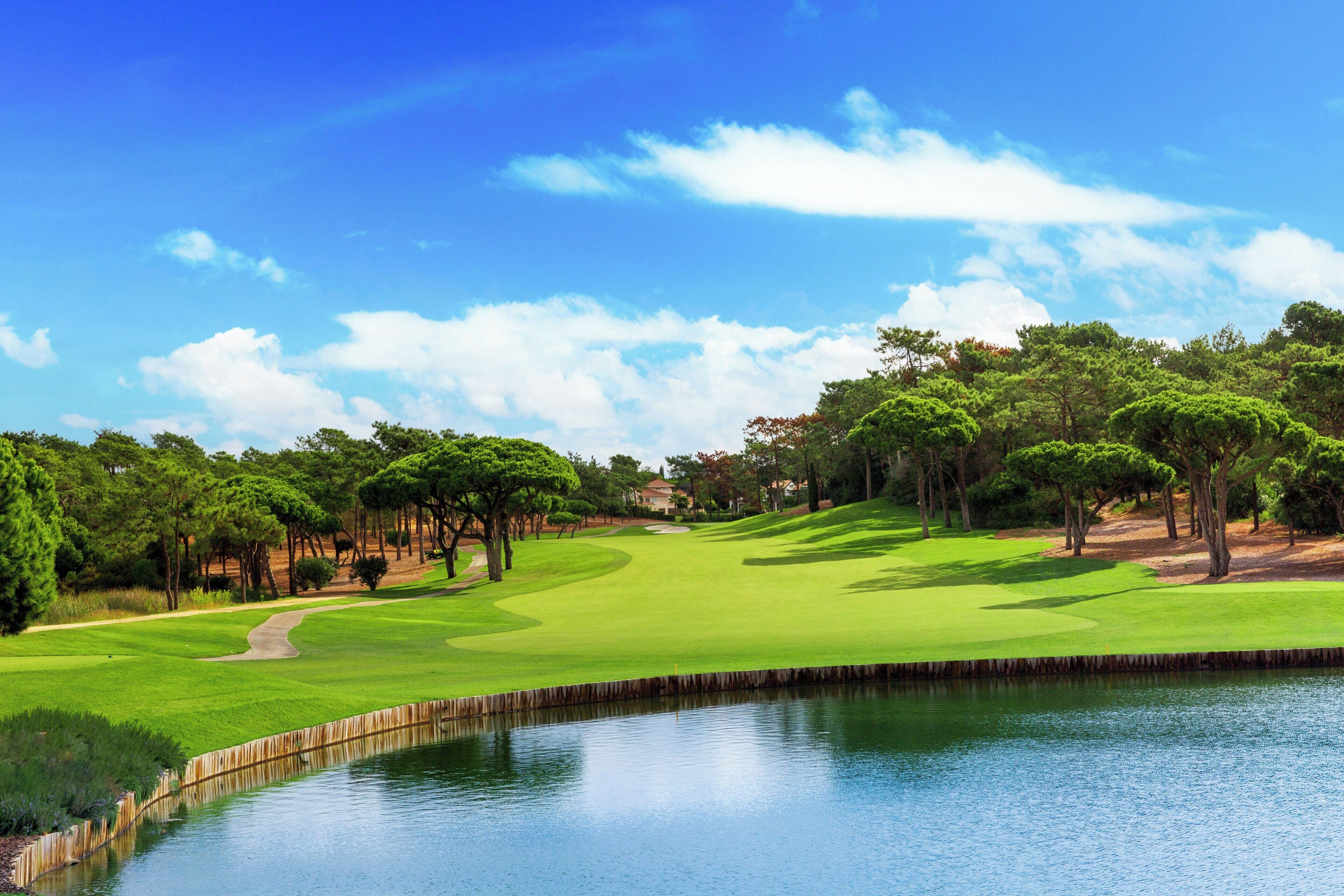 Campo de golf con obstáculo acuático, árboles y cielo despejado.