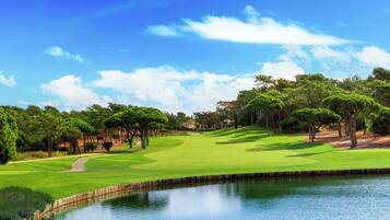 Campo de golf con obstáculo acuático, árboles y cielo despejado.