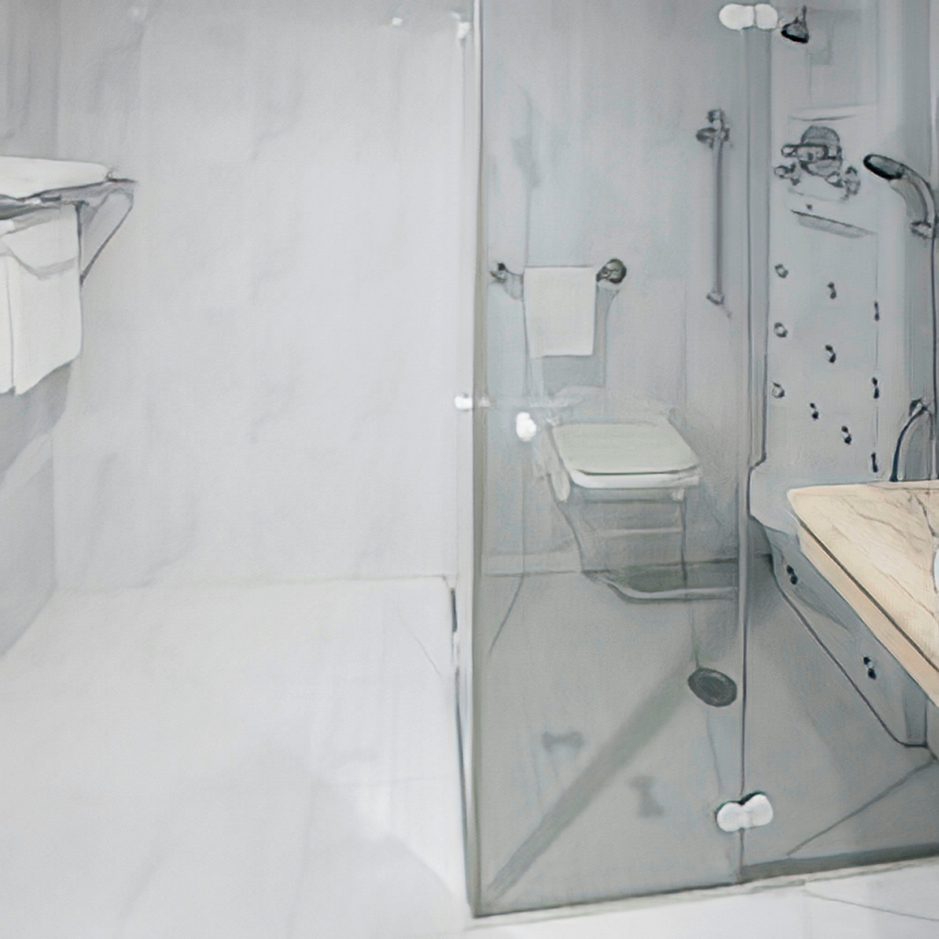 Une salle de bain avec une douche à parois de verre, des toilettes et un lavabo.