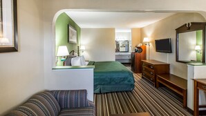 Une chambre d’hôtel équipée d’un lit, d’un canapé, d’un bureau, d’une télévision et d’un miroir.