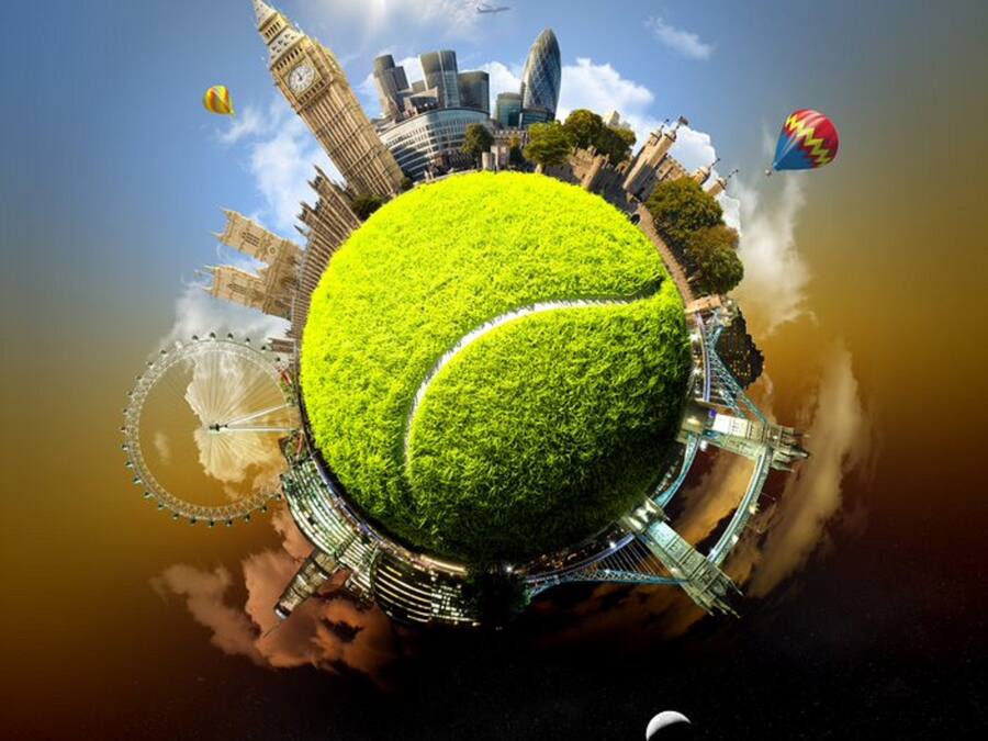 A spherical structure with a tennis court on top, surrounded by iconic buildings and a Ferris wheel.