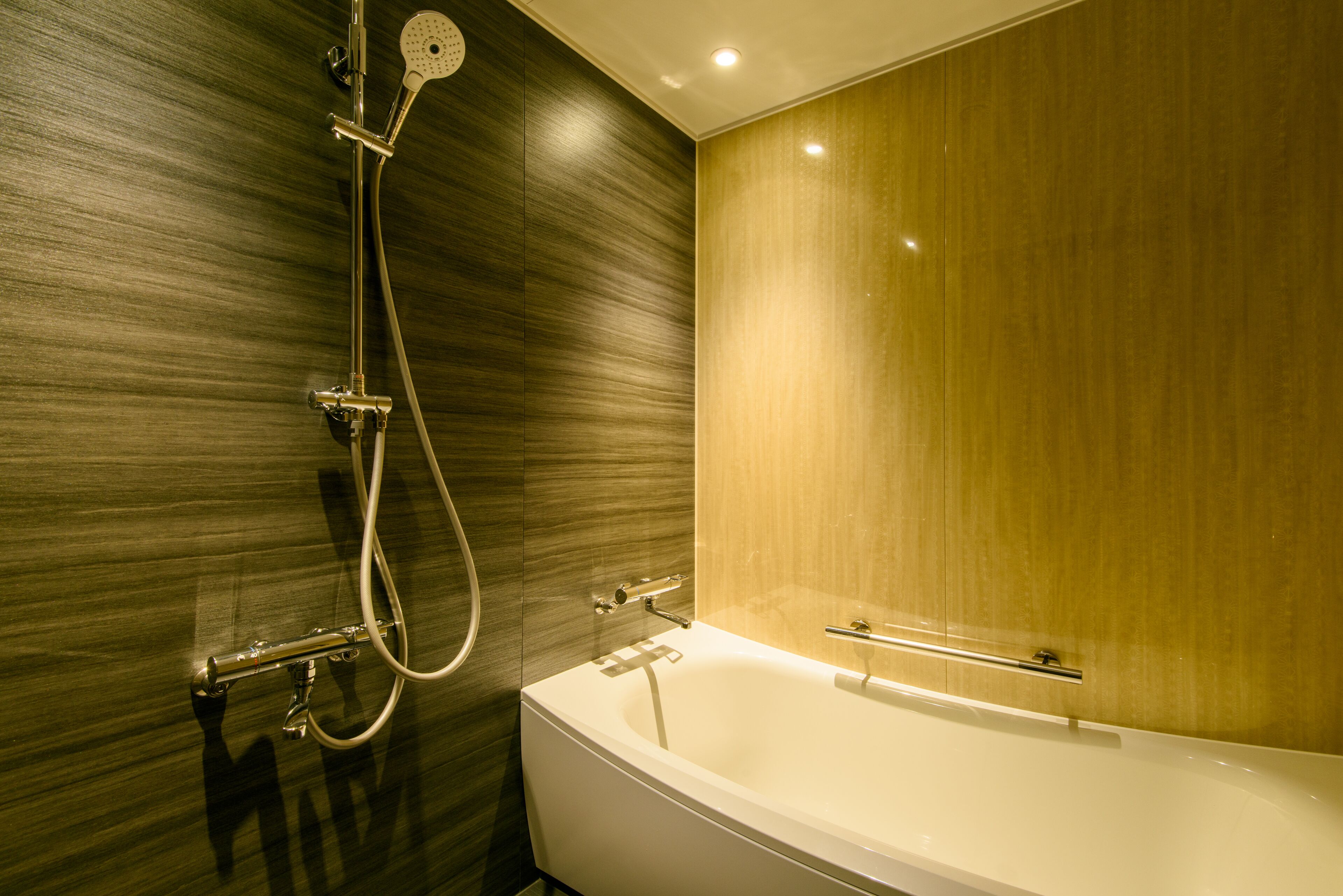 combined shower/bathtub, free toiletries, hair dryer, slippers