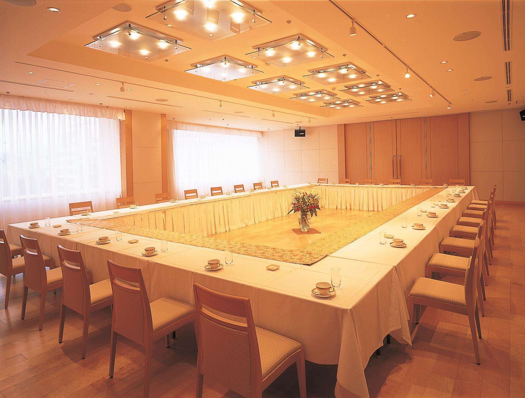 A conference room with a long table, chairs, and ceiling lights.