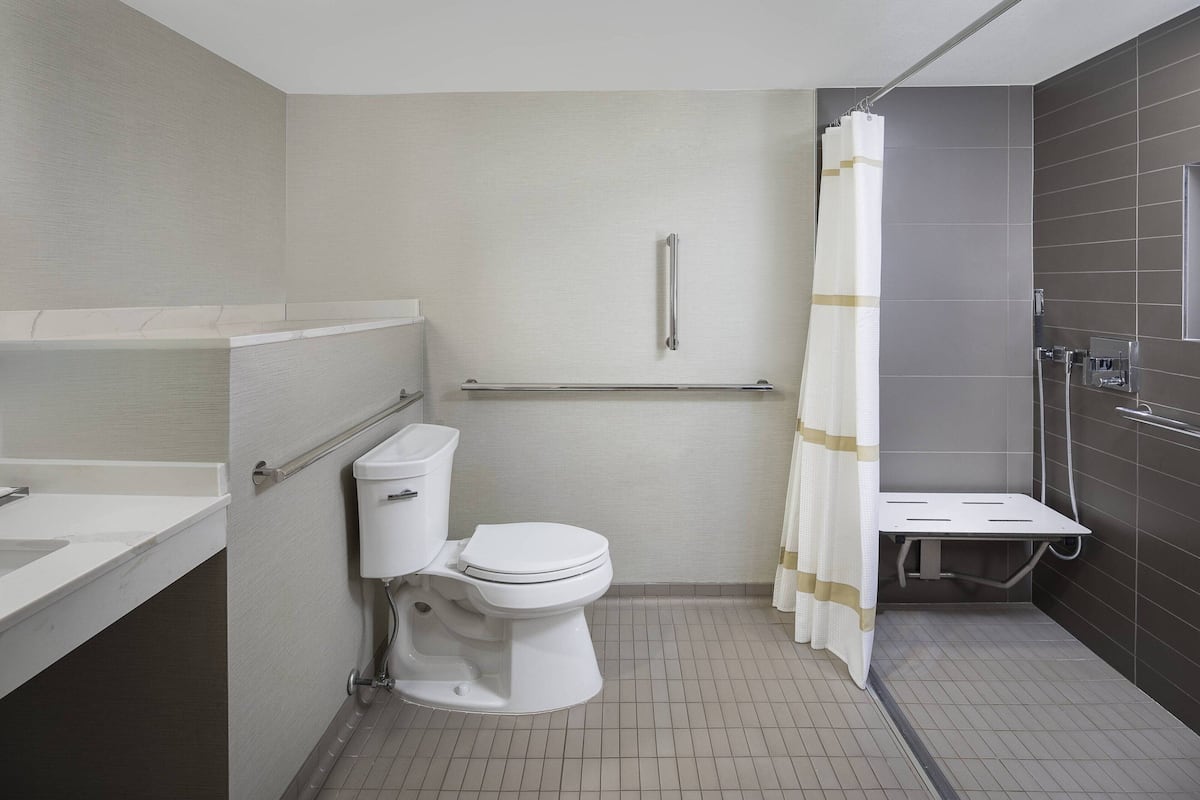 combined shower/bathtub, designer toiletries, hair dryer, bathrobes