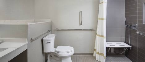 Une petite salle de bain comprenant des toilettes, un espace douche et une barre d’appui.