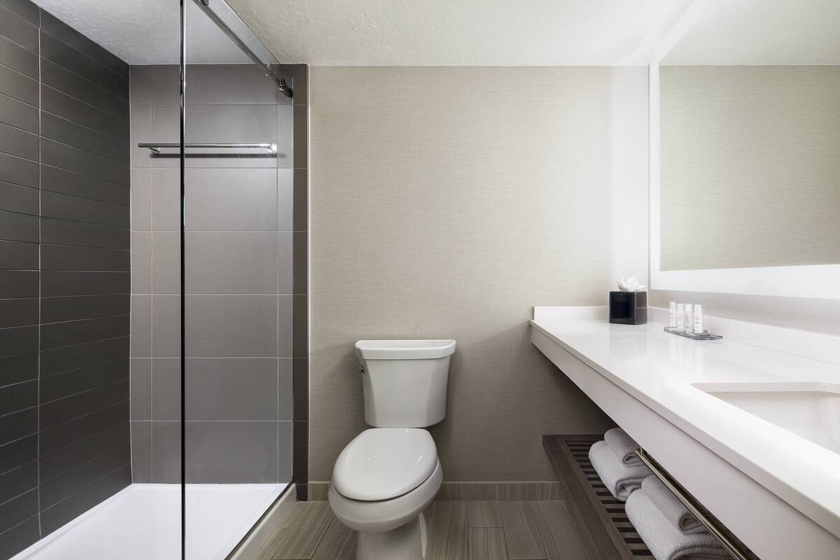 combined shower/bathtub, designer toiletries, hair dryer, bathrobes