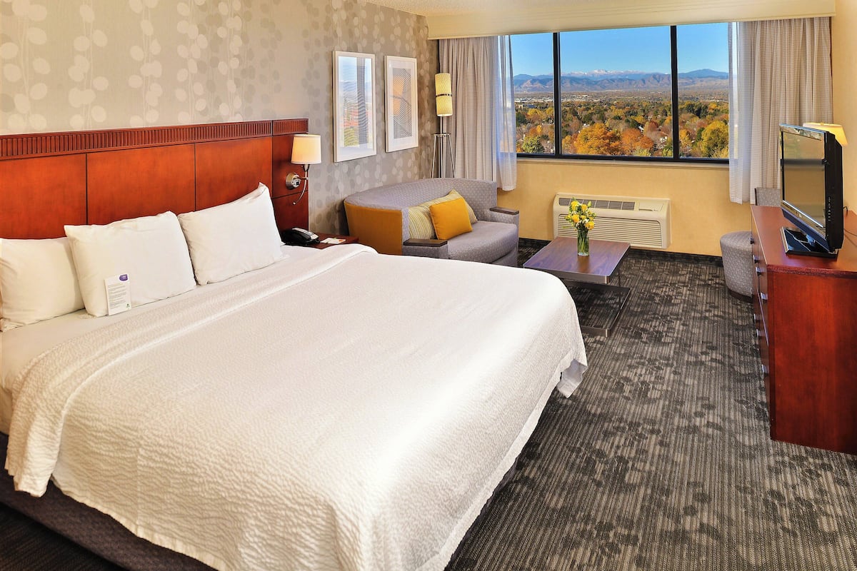 Habitación de hotel con una cama grande, un sofá, un escritorio con televisor y vistas a un paisaje montañoso.