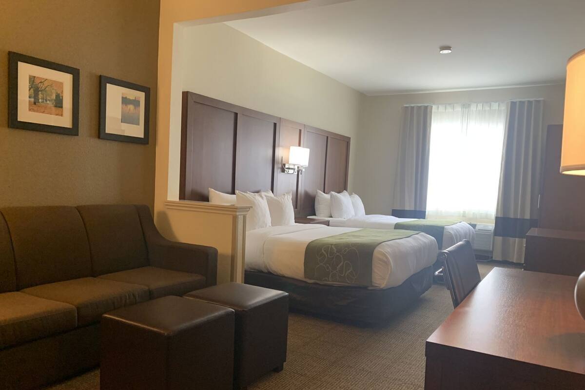 A hotel room with a bed, a sofa, a desk, and two framed pictures on the wall.