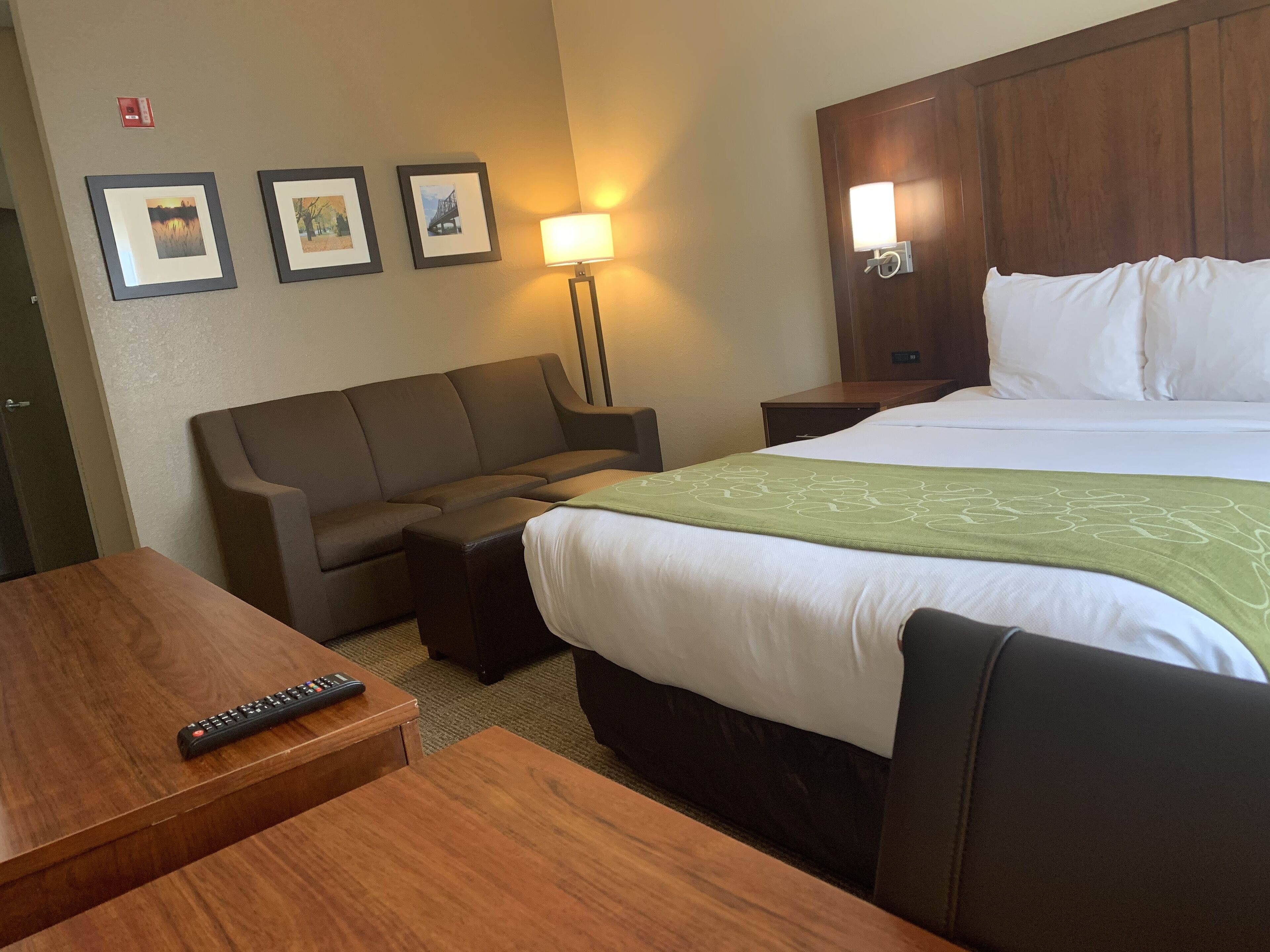Una habitación de hotel con cama, sofá, escritorio, lámpara y cuadros en la pared.