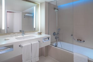 Shower, deep-soaking bathtub, free toiletries, hair dryer