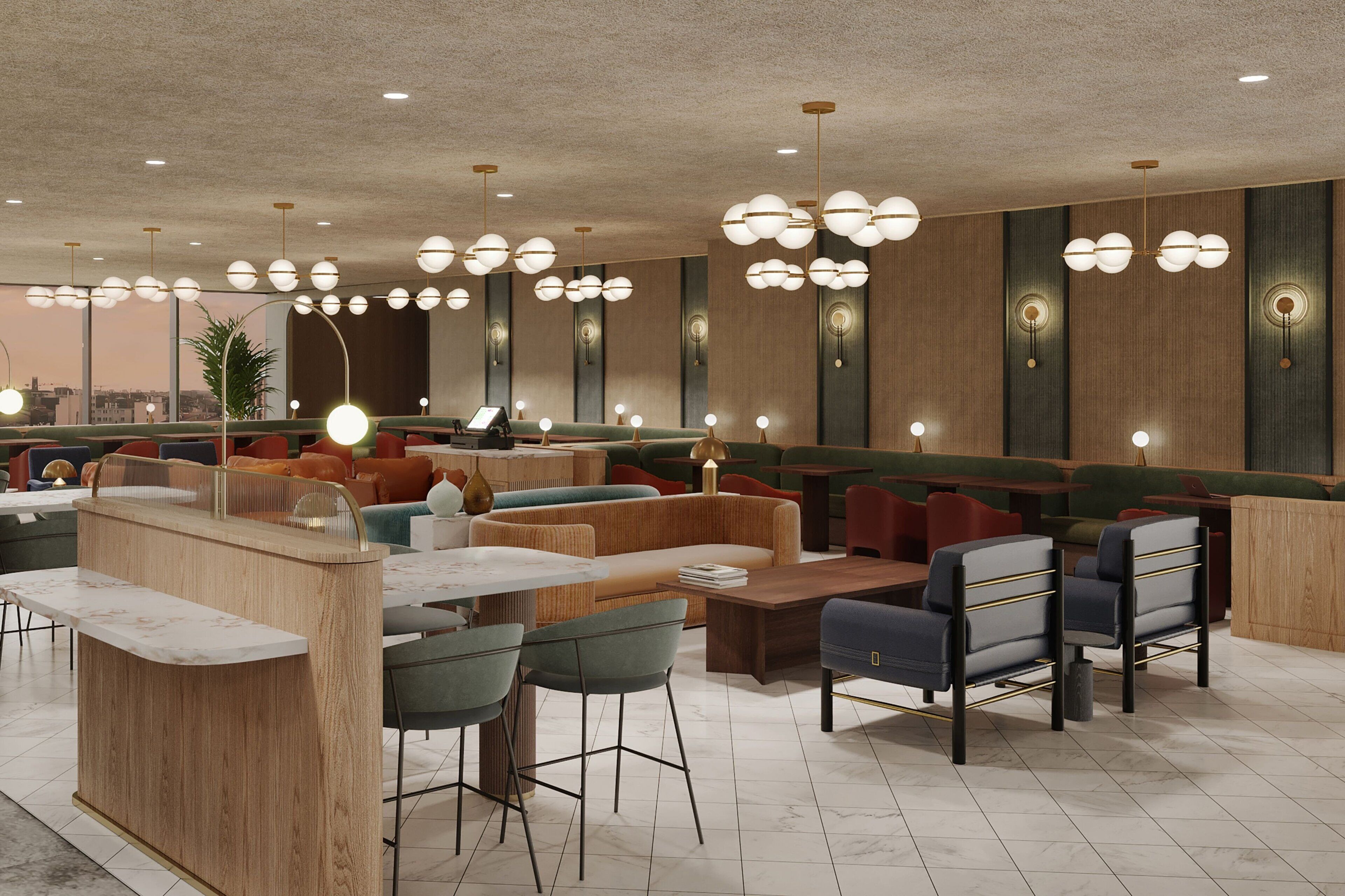Un restaurante moderno con detalles de madera, asientos verdes y rojos, e iluminación colgante.