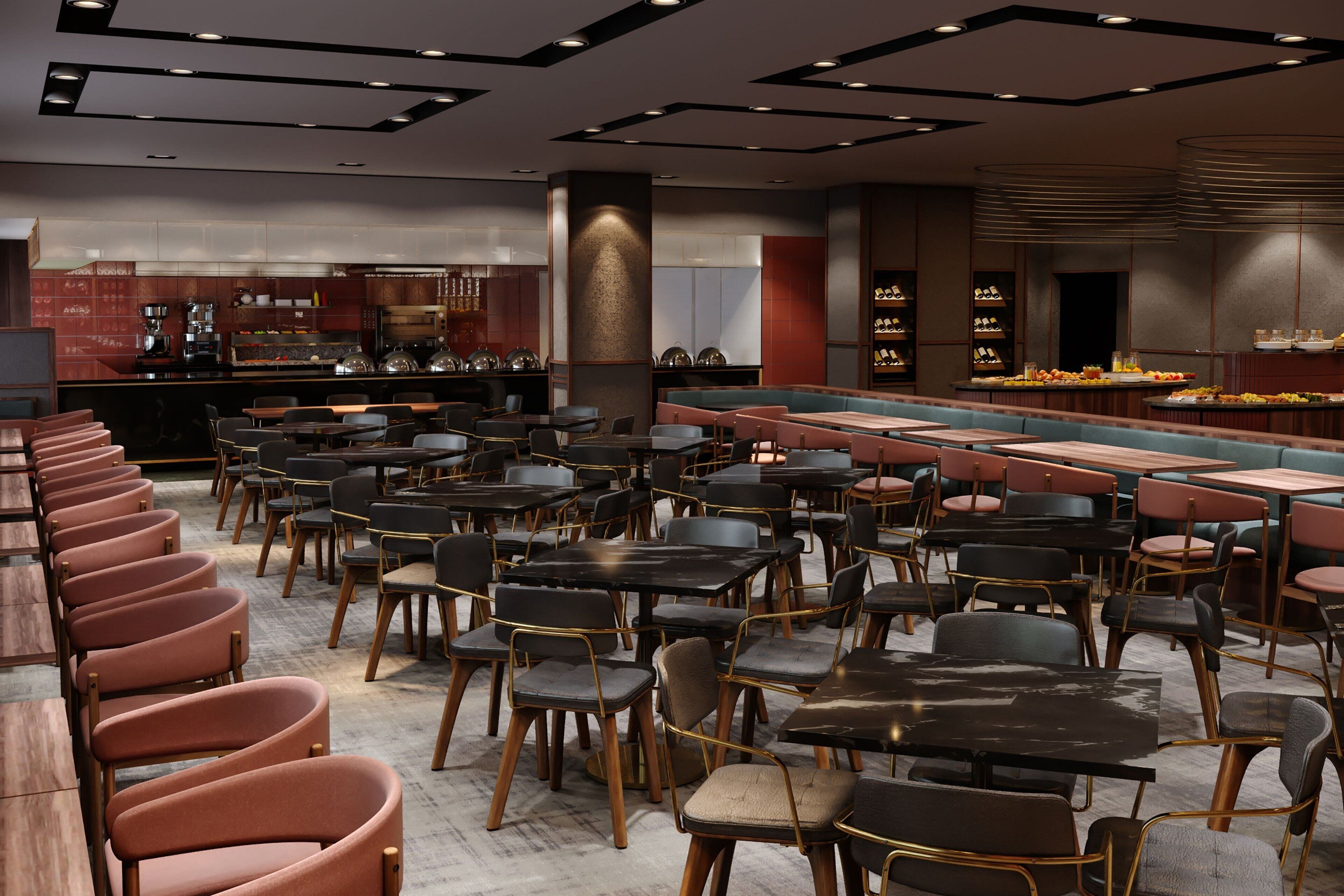 Ein modernes Restaurant mit mehreren Essbereichen, darunter eine Bar und ein Buffet.