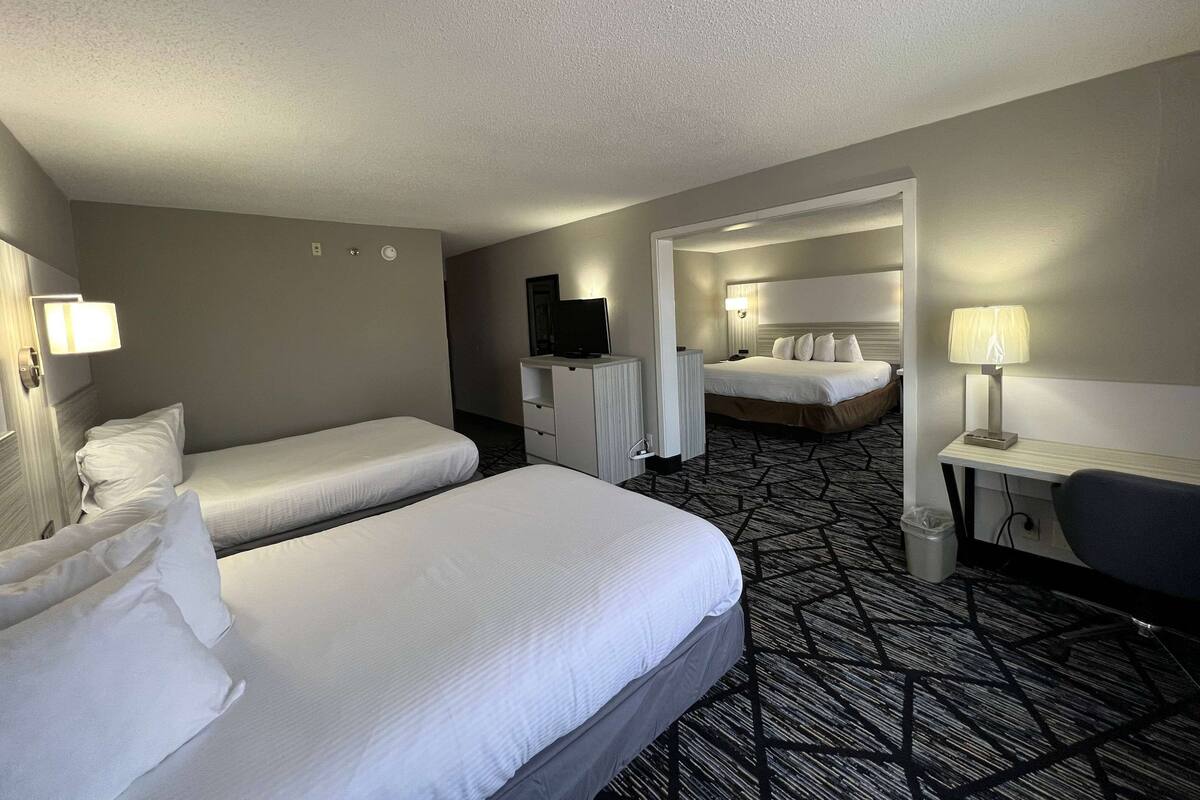 A hotel room with two single beds, a desk, a chair, a TV, and a lamp.