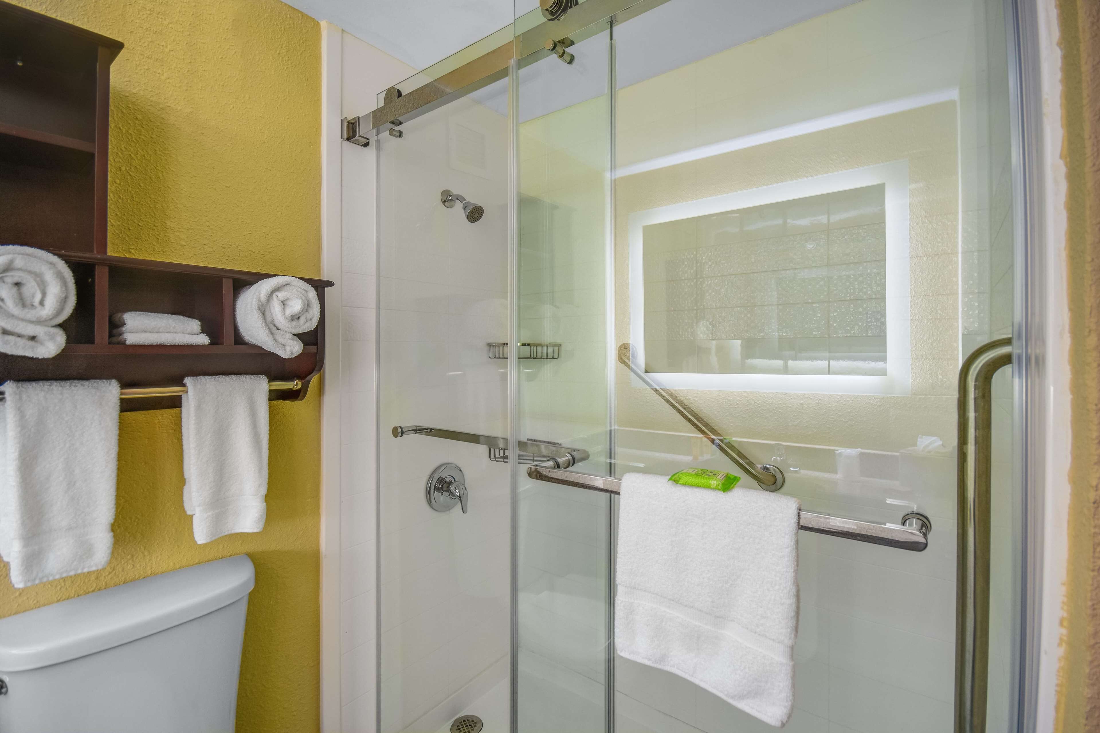 Ducha con mampara de vidrio, barra de apoyo, una toalla blanca en la pared y un estante con toallas enrolladas.