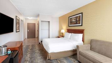 Quarto de hotel com cama, sofá, escrivaninha com luminária, televisão e um quadro na parede.