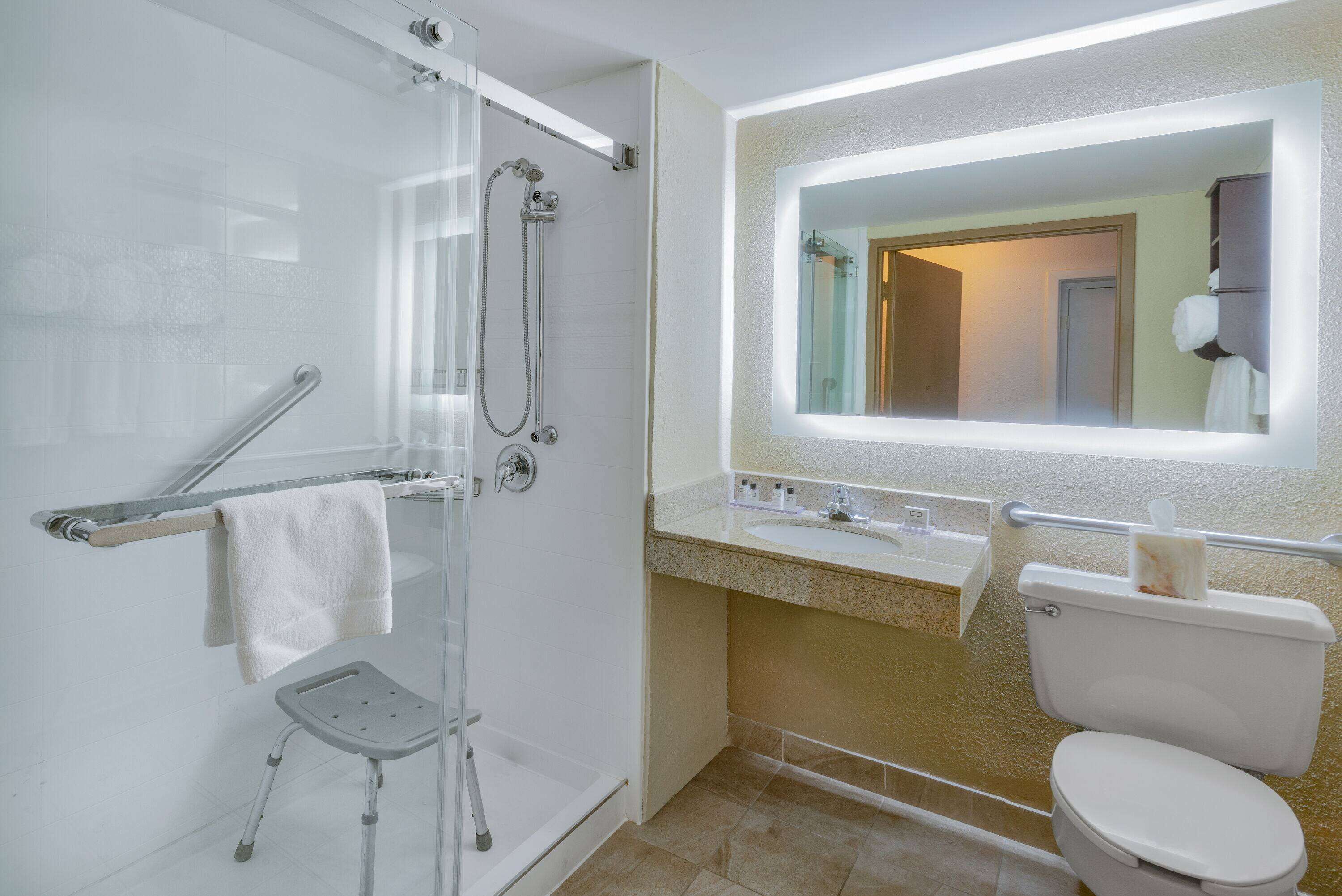 Une salle de bain avec une douche à parois de verre, des toilettes blanches, un lavabo avec un miroir au-dessus et un porte-serviettes.
