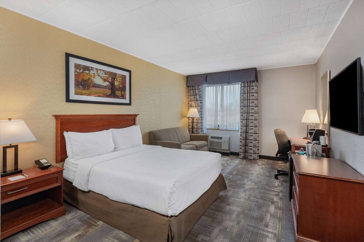 Une chambre d’hôtel avec un grand lit, un bureau, une chaise, une télévision et un tableau au mur.