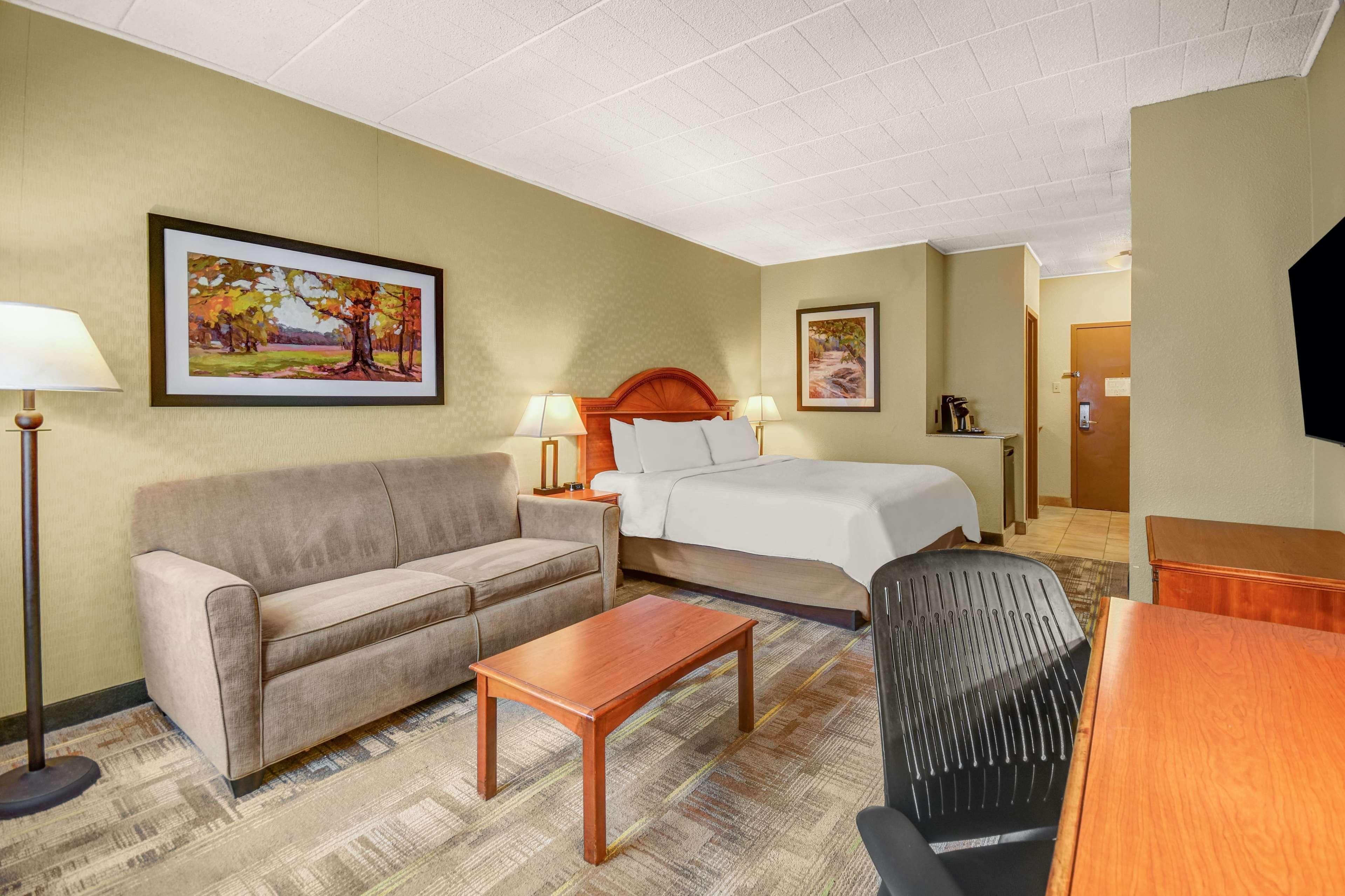 A hotel room with a bed, a sofa, a desk, and two lamps.