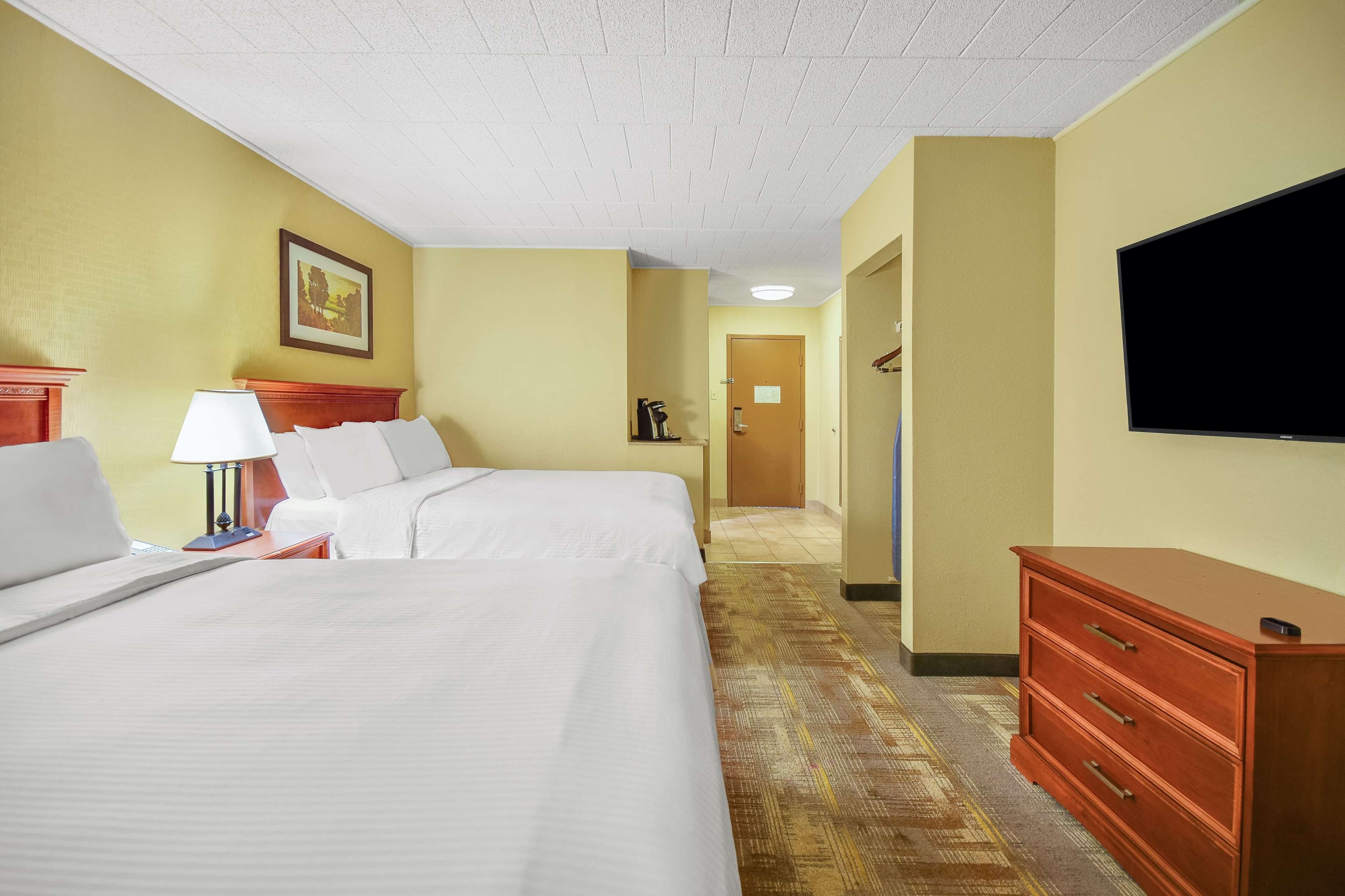 Quarto de hotel com uma cama grande, uma mesa com luminária, cômoda, televisão e um quadro na parede.