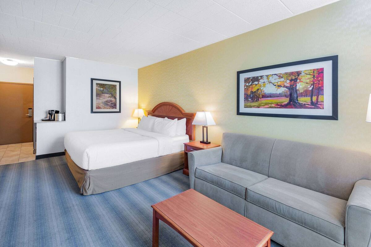 Une chambre d’hôtel avec un lit, un canapé, une table et deux lampes.