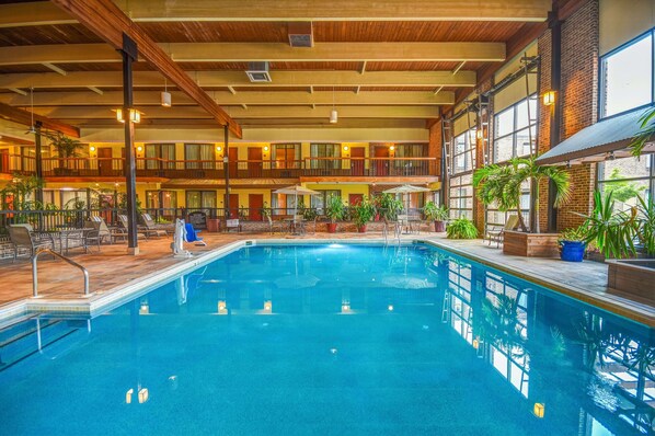 Indoor pool, open 9:00 AM to 9:00 PM, sun loungers