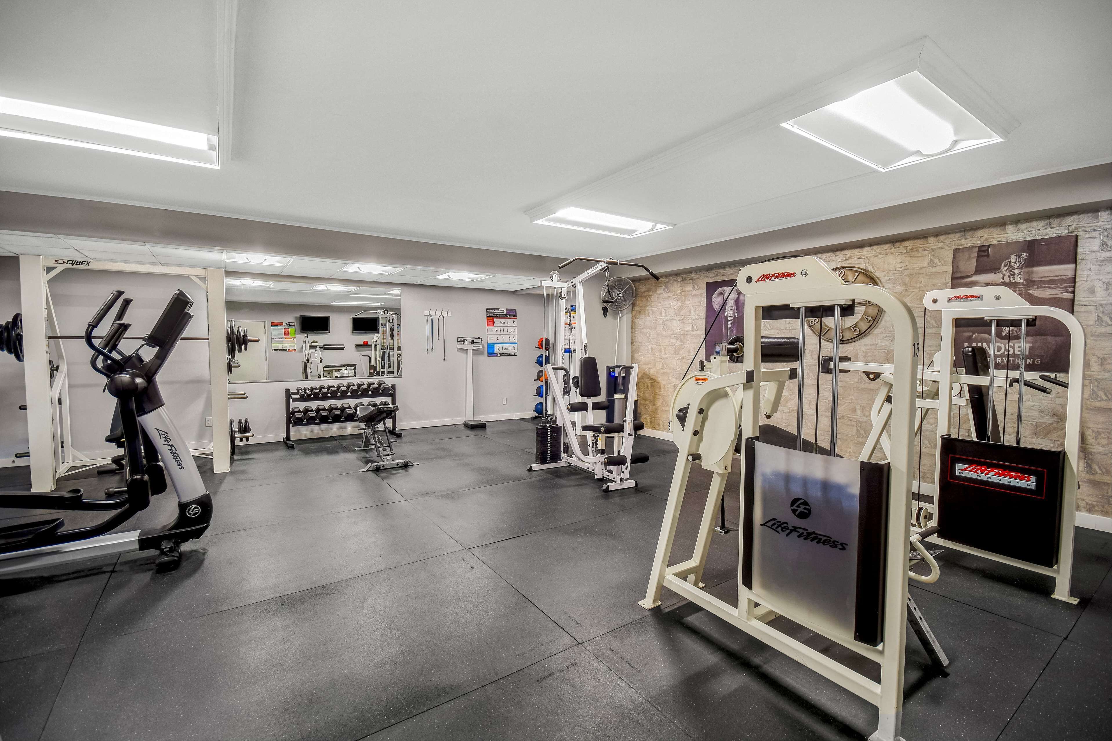 Une salle de sport équipée de divers appareils d’exercice, notamment un tapis de course, des appareils de musculation et un ventilateur.