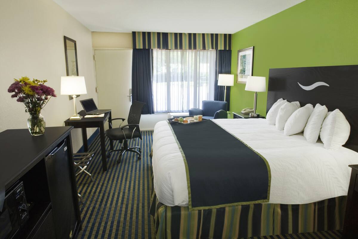 Habitación de hotel con cama, escritorio, silla y lámpara de escritorio.