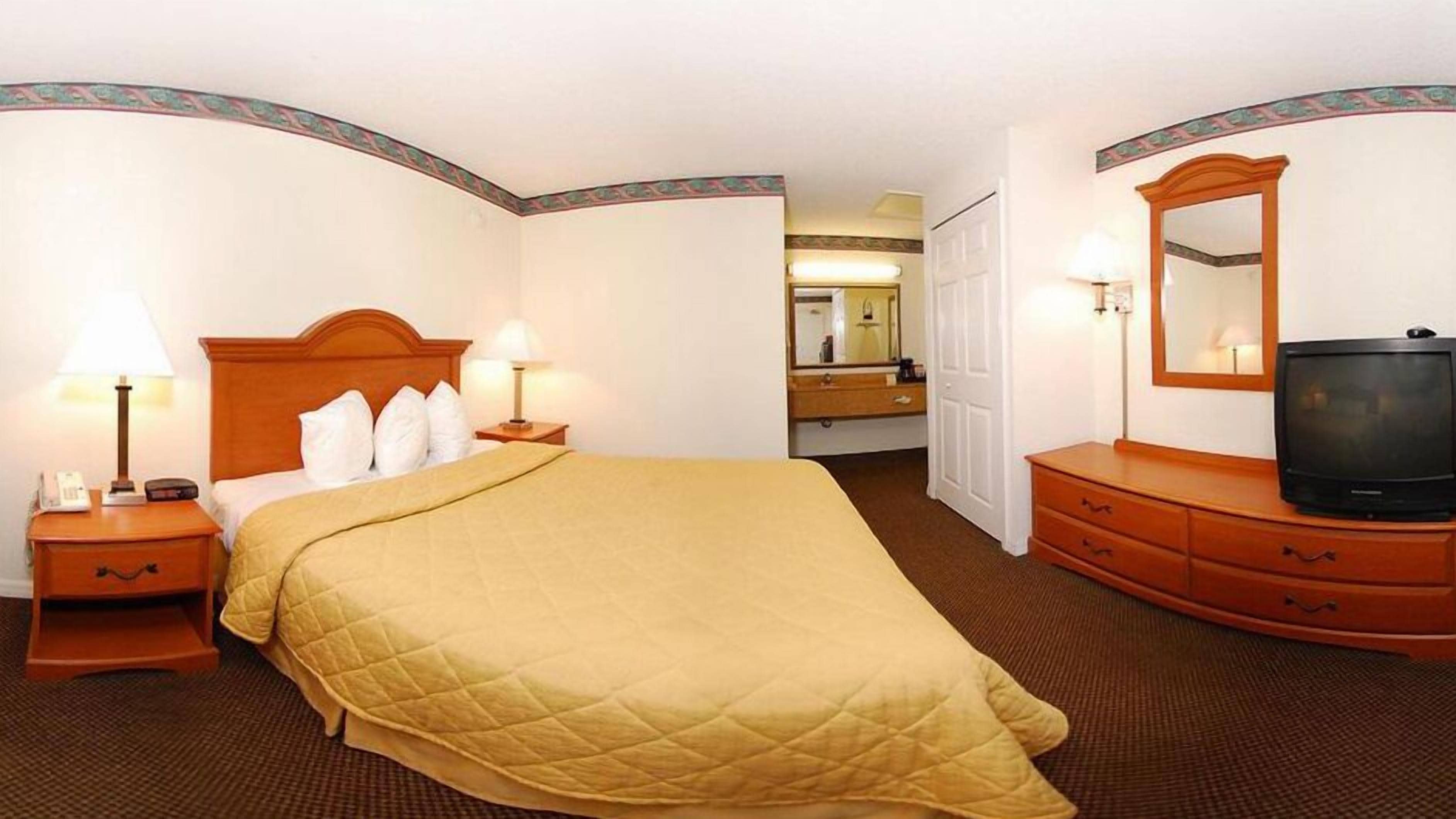 A hotel room with a bed, bedside lamps, a dresser, a television, and a mirror.