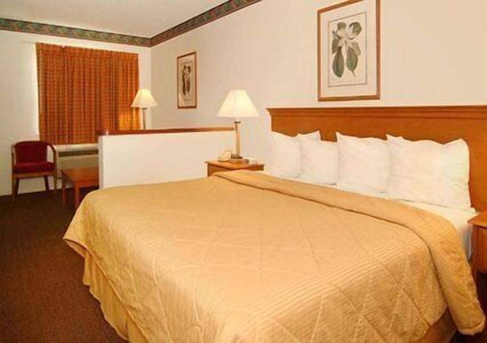 Una habitación de hotel con una cama grande, una mesita de noche con lámpara, una silla y una ventana con cortinas.
