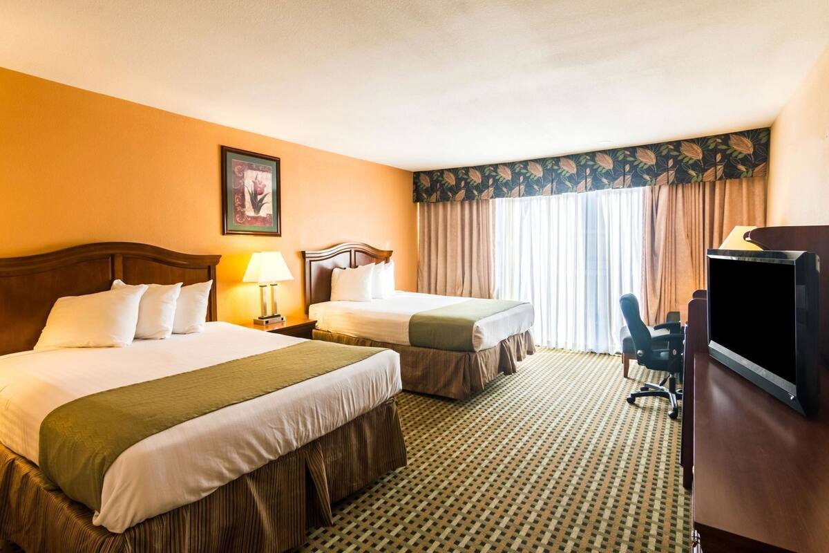 Habitación de hotel con dos camas, un escritorio con televisor, una silla y una alfombra estampada.