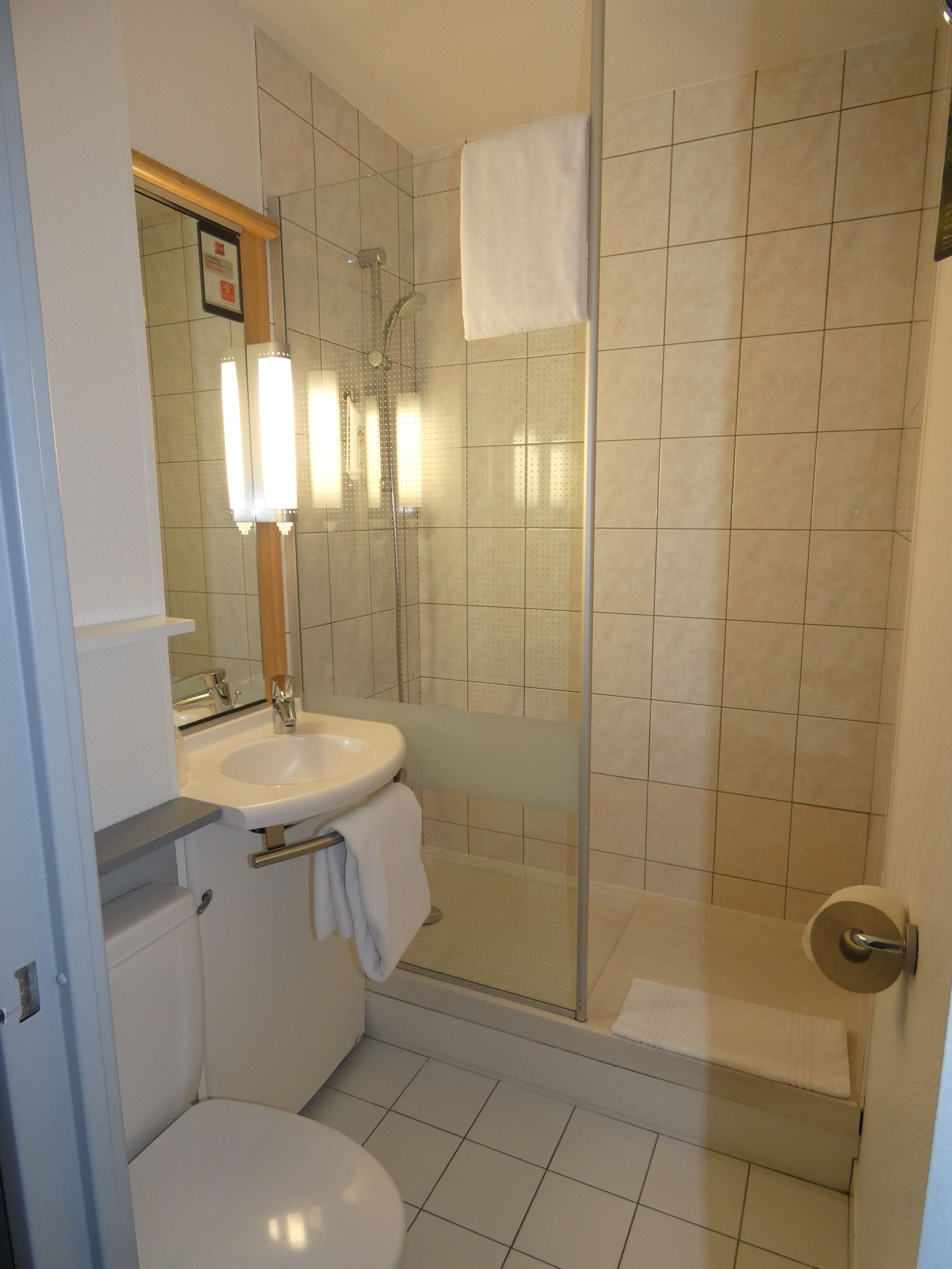 Un bagno con doccia vetrata, un lavandino con specchio e un water.