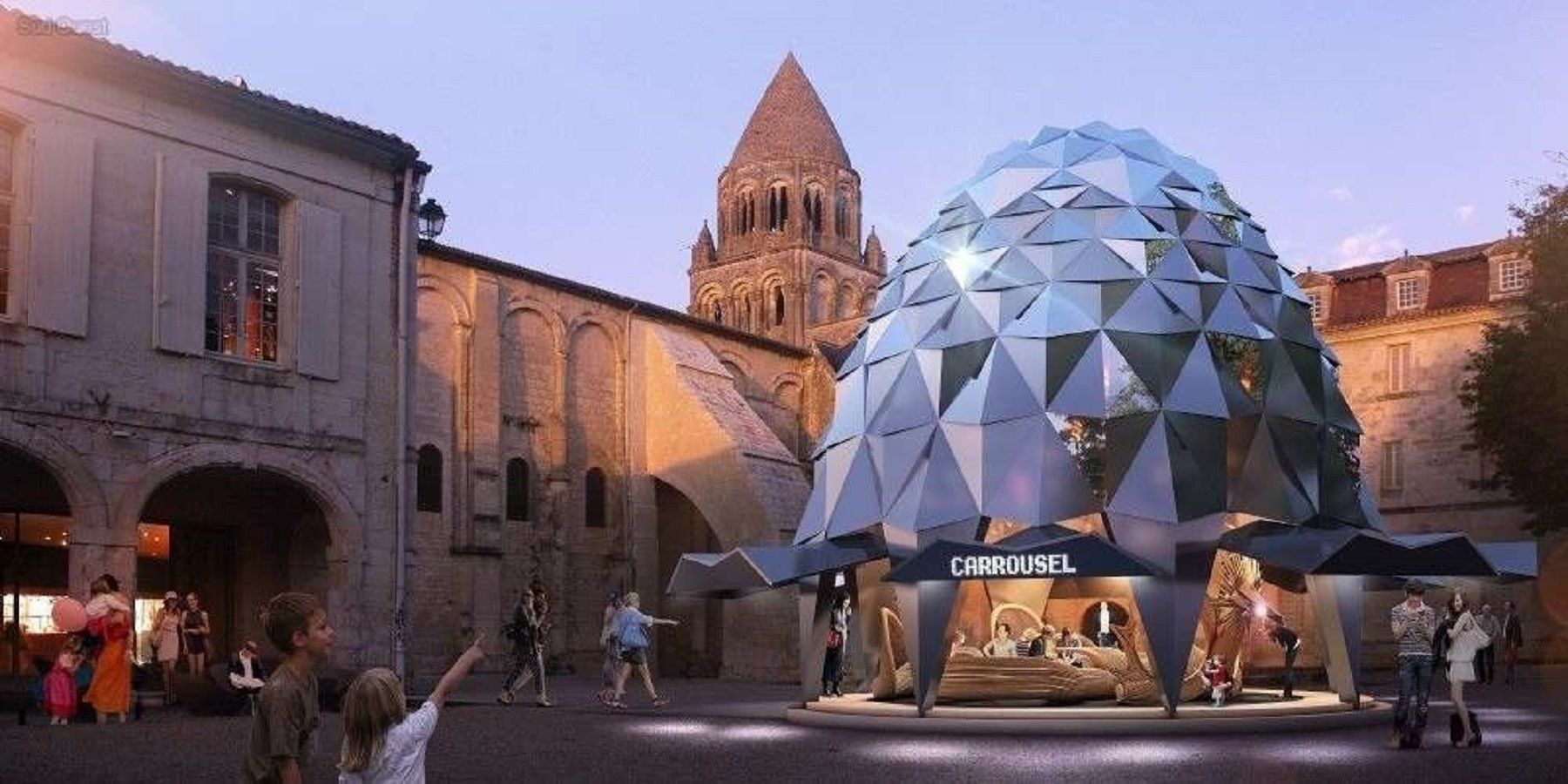 A modern structure labeled "CARROSEL" in an urban setting with historical architecture in the background.