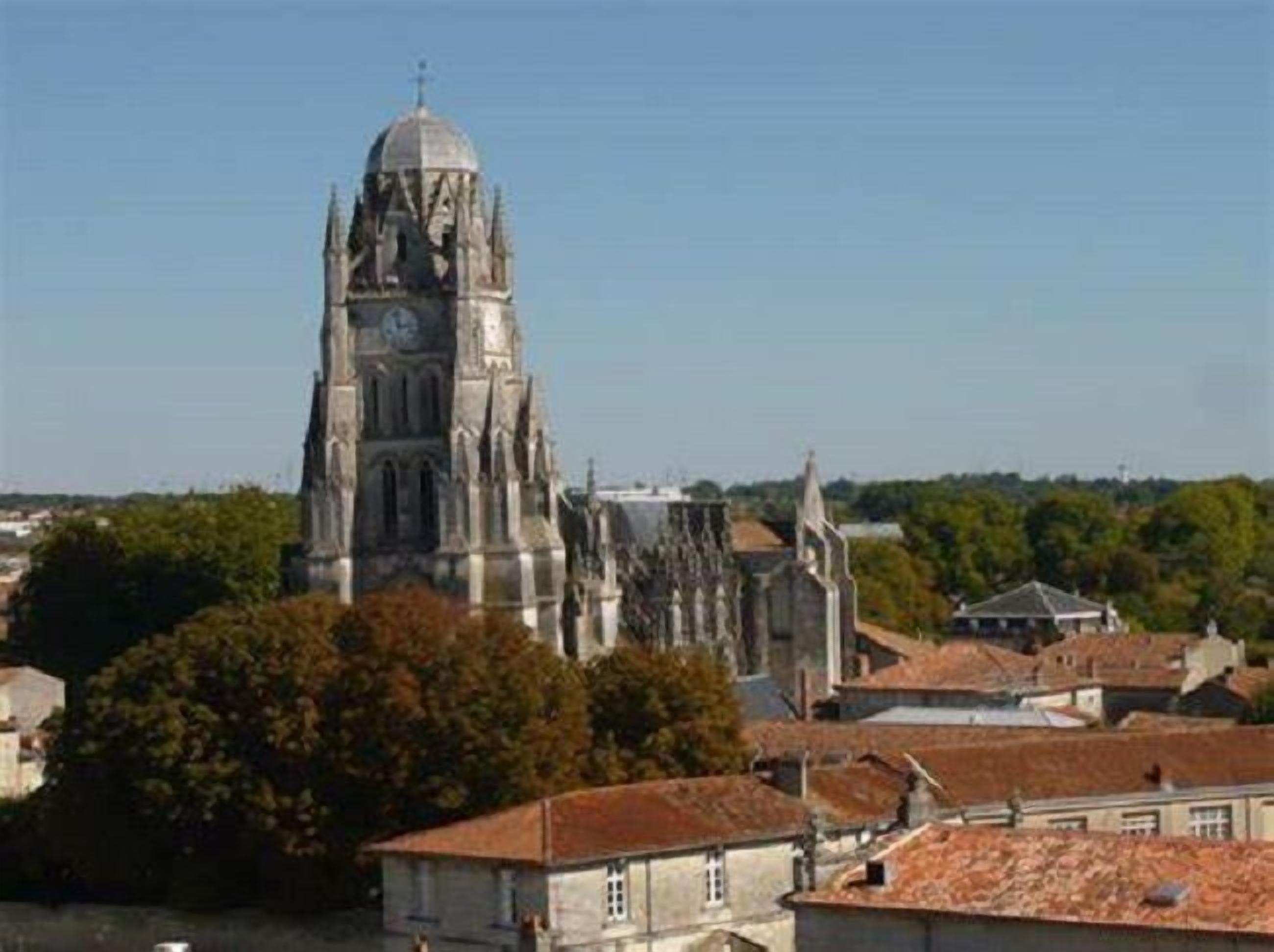 A historic cathedral with a prominent clock tower, surrounded by residential buildings and trees.