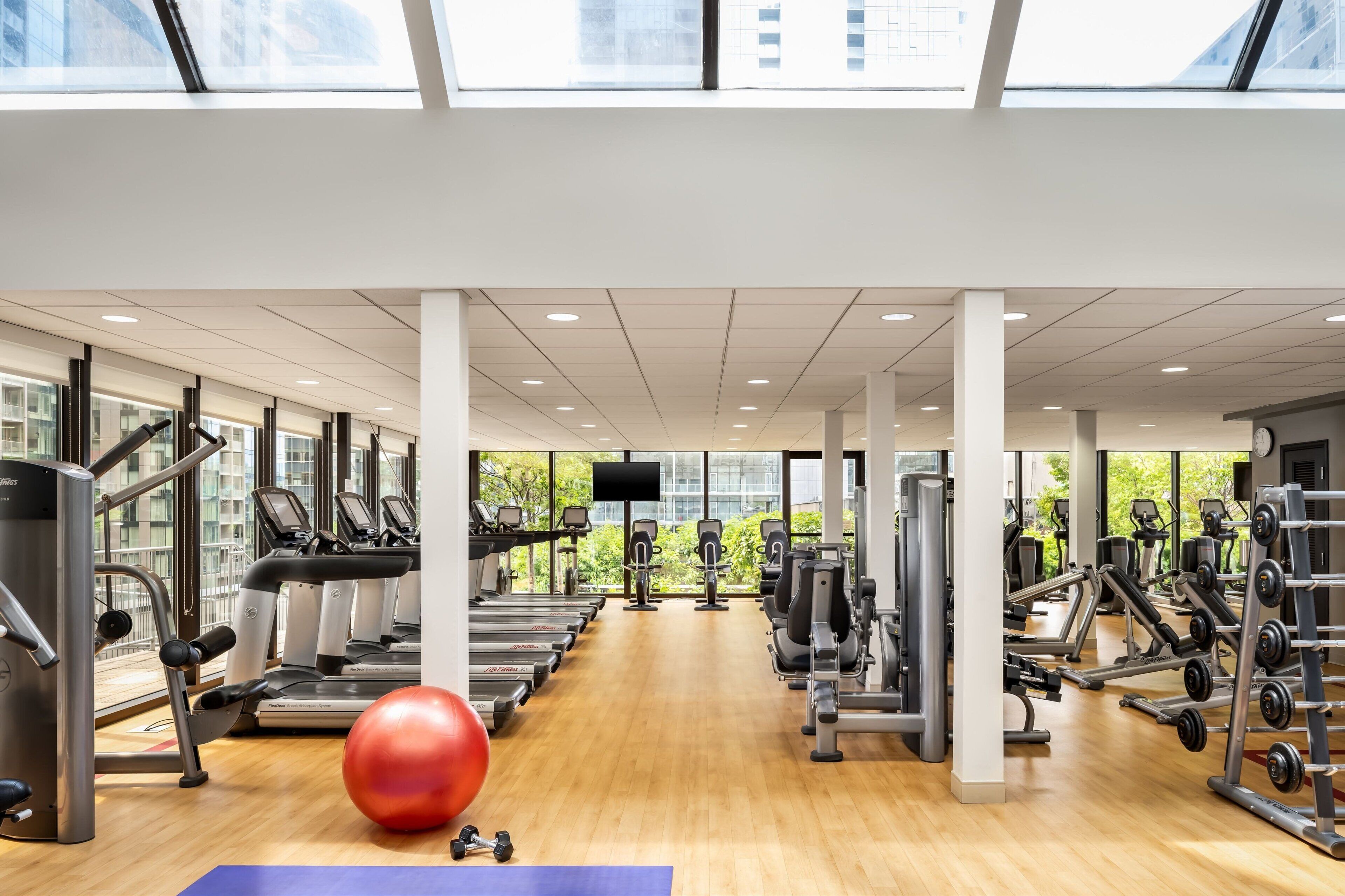 A gym with treadmills, weight machines, and exercise balls.