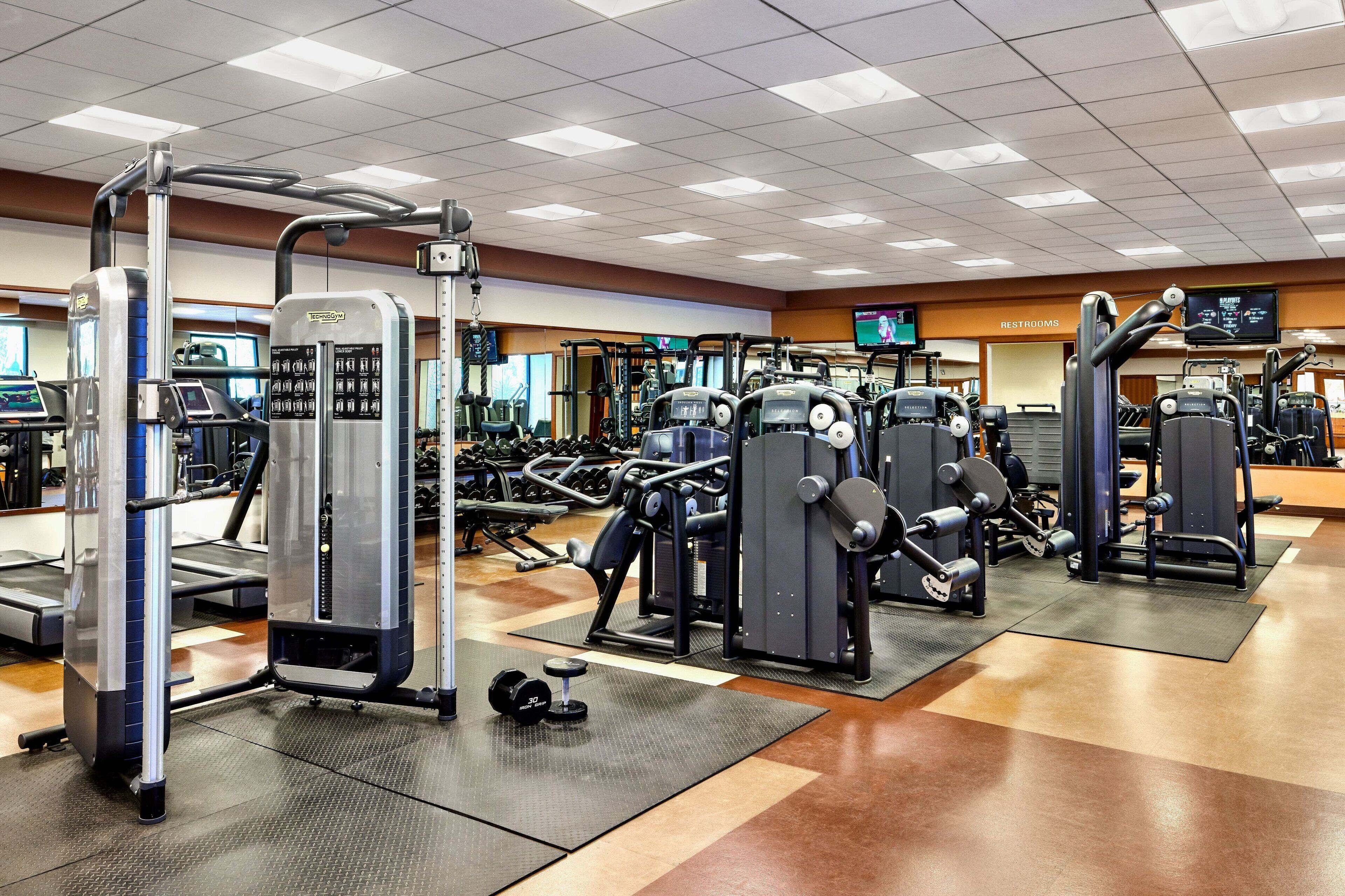 A gym with various exercise machines, treadmills, and weightlifting equipment.