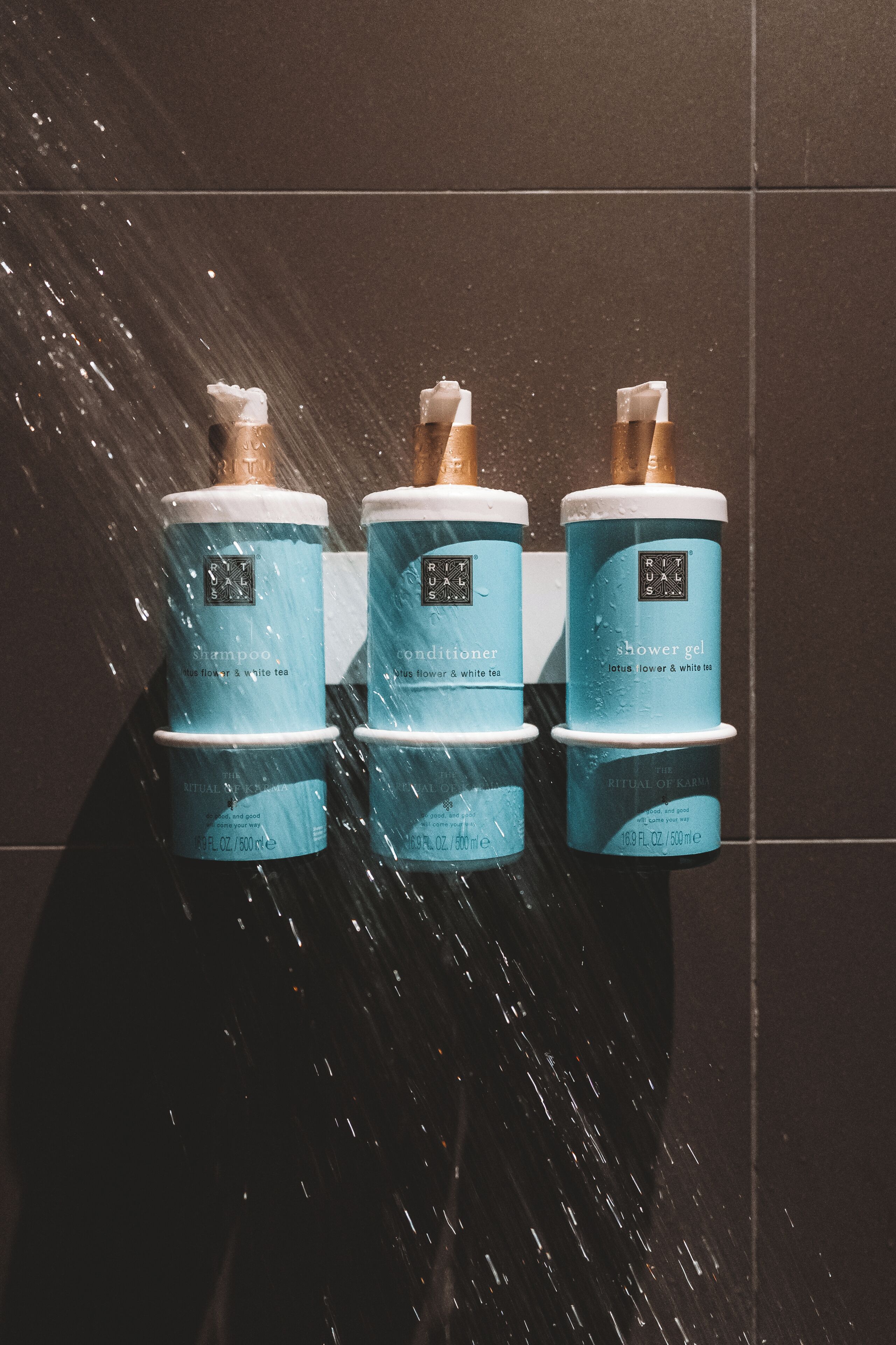 Tres botellas de productos Ritual de Karma sobre una pared.