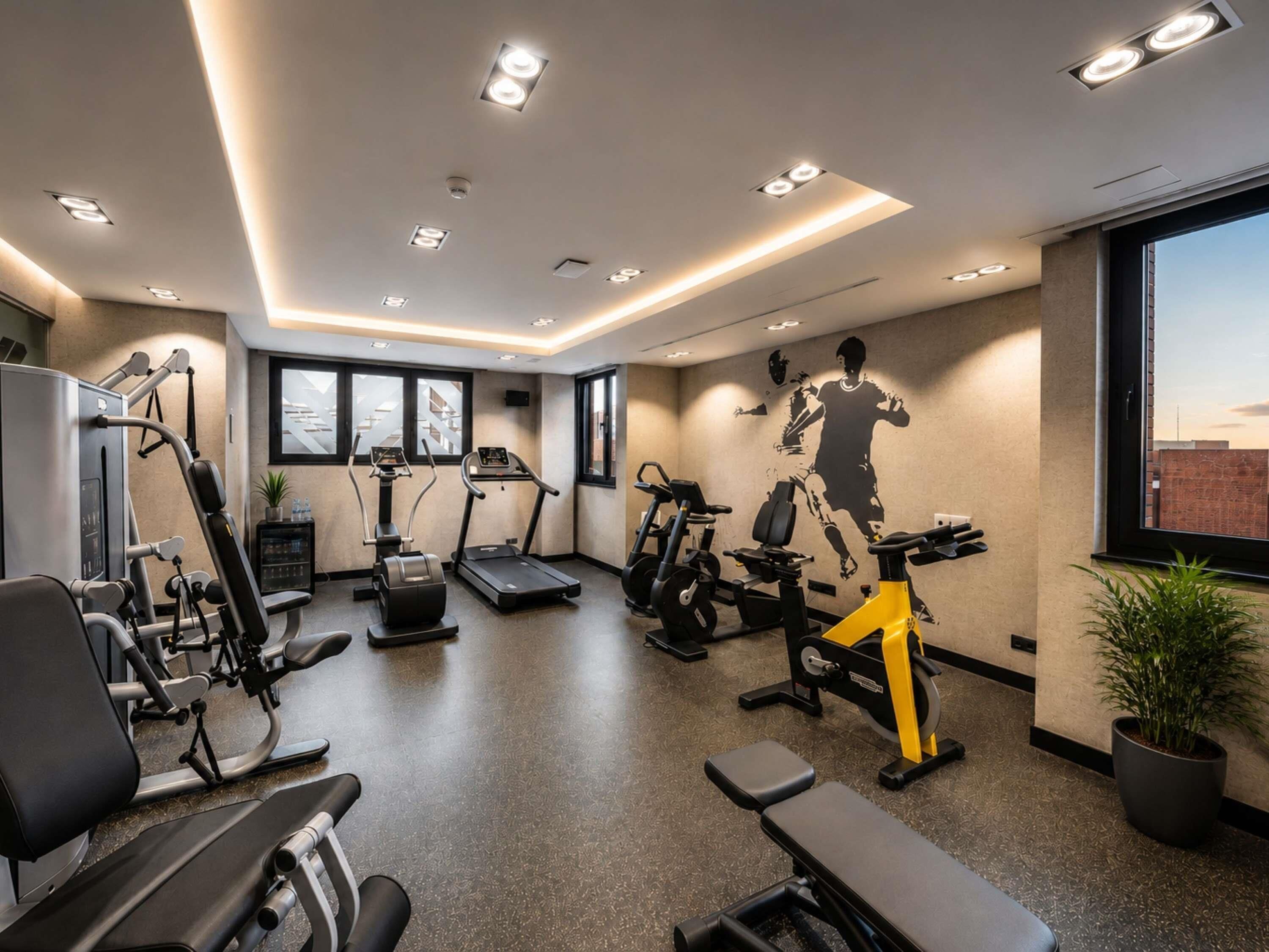 A gym with treadmills, elliptical machines, and weight stations.