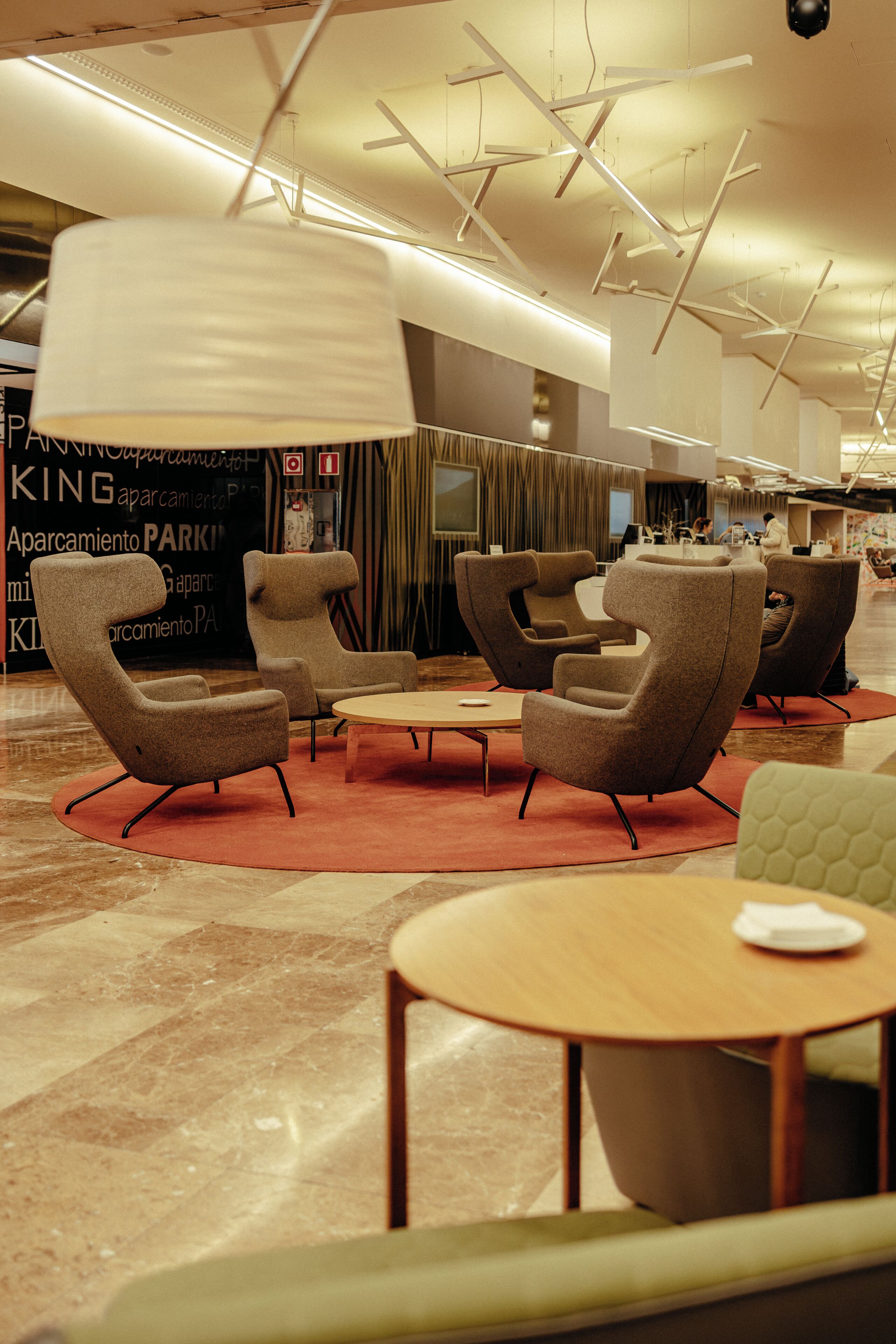 Un espace détente moderne, doté de meubles contemporains, d’une table centrale et d’un tapis à motifs.