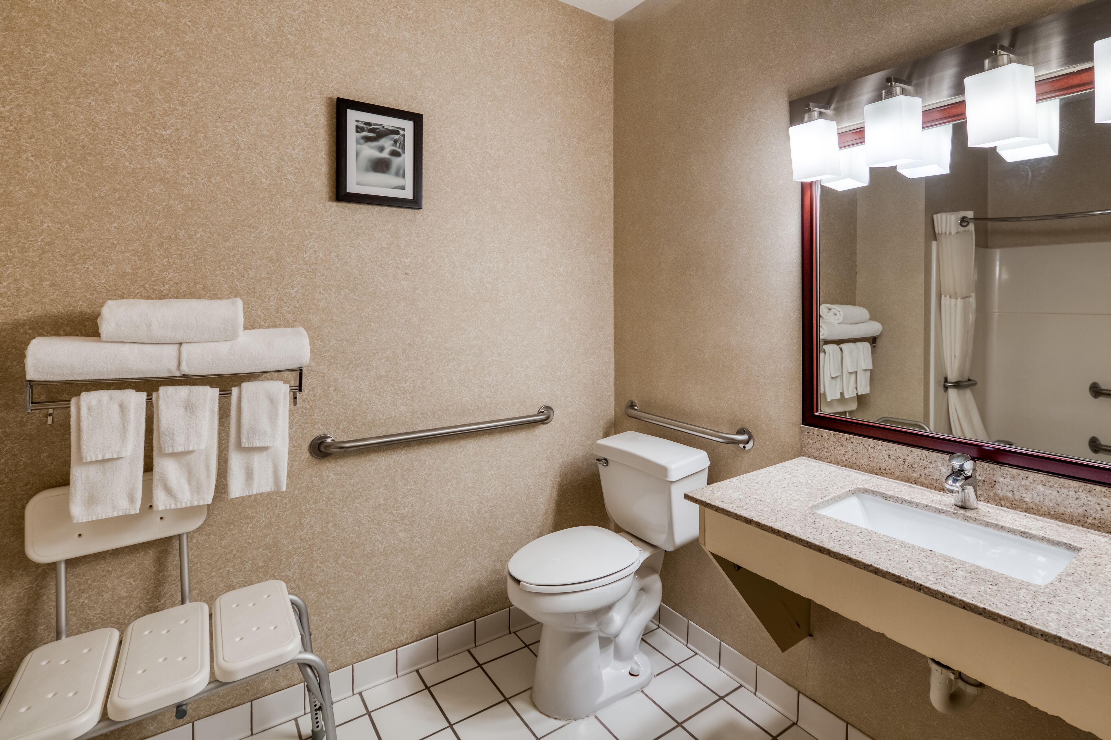 Ein Badezimmer mit Toilette, Waschbecken und Handläufen.