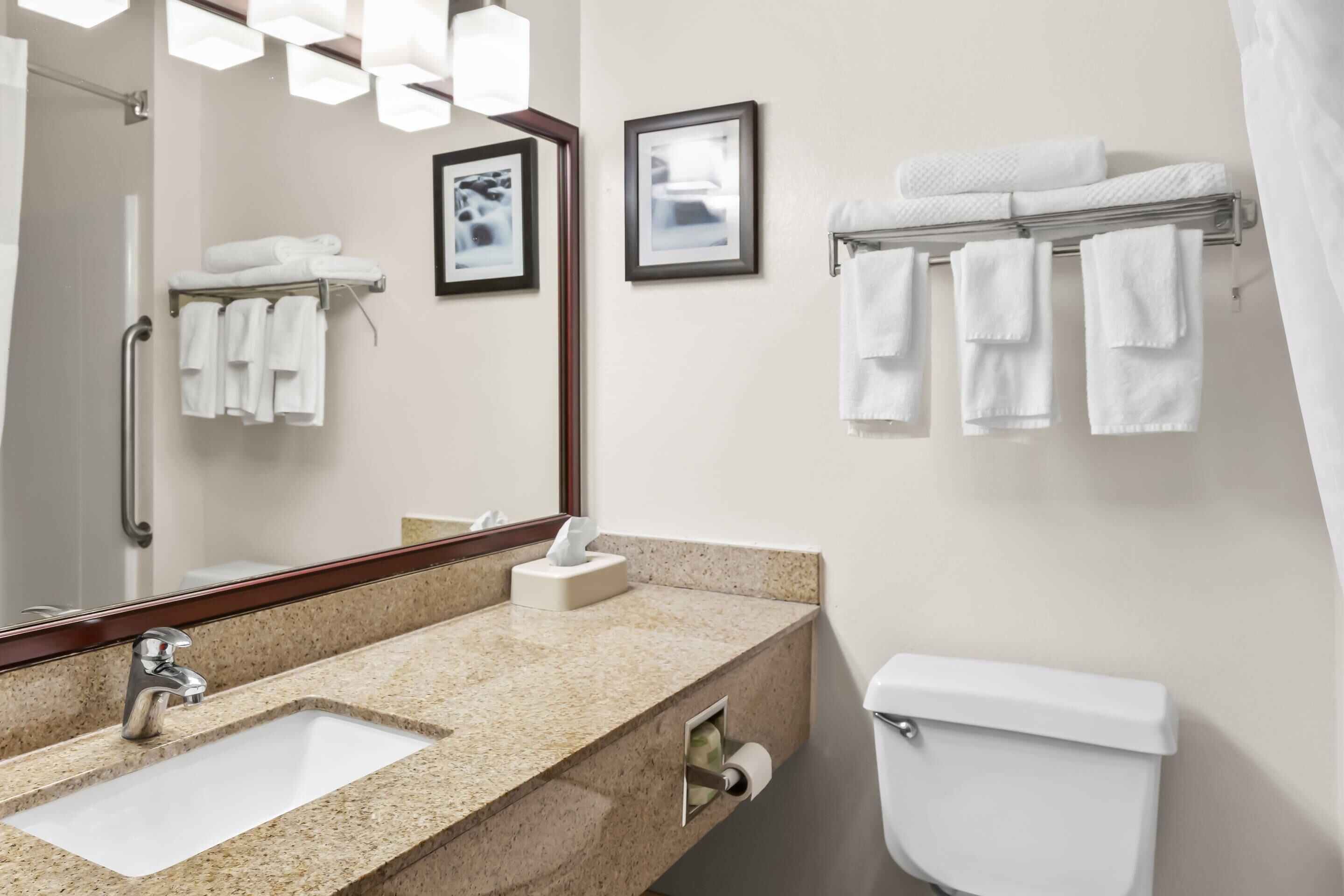 A bathroom with a sink, mirror, towel rack, toilet, and framed pictures on the wall.