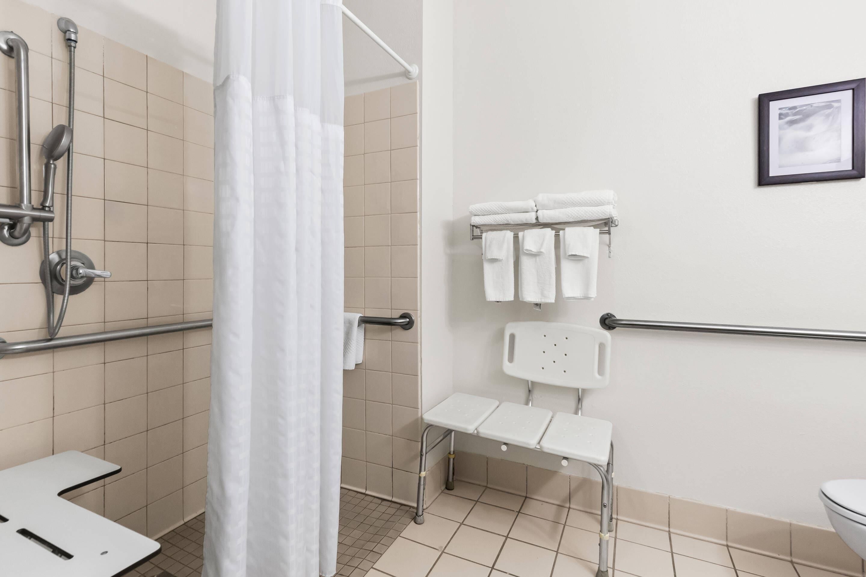A bathroom with a shower, grab bars, a toilet, and a sink.