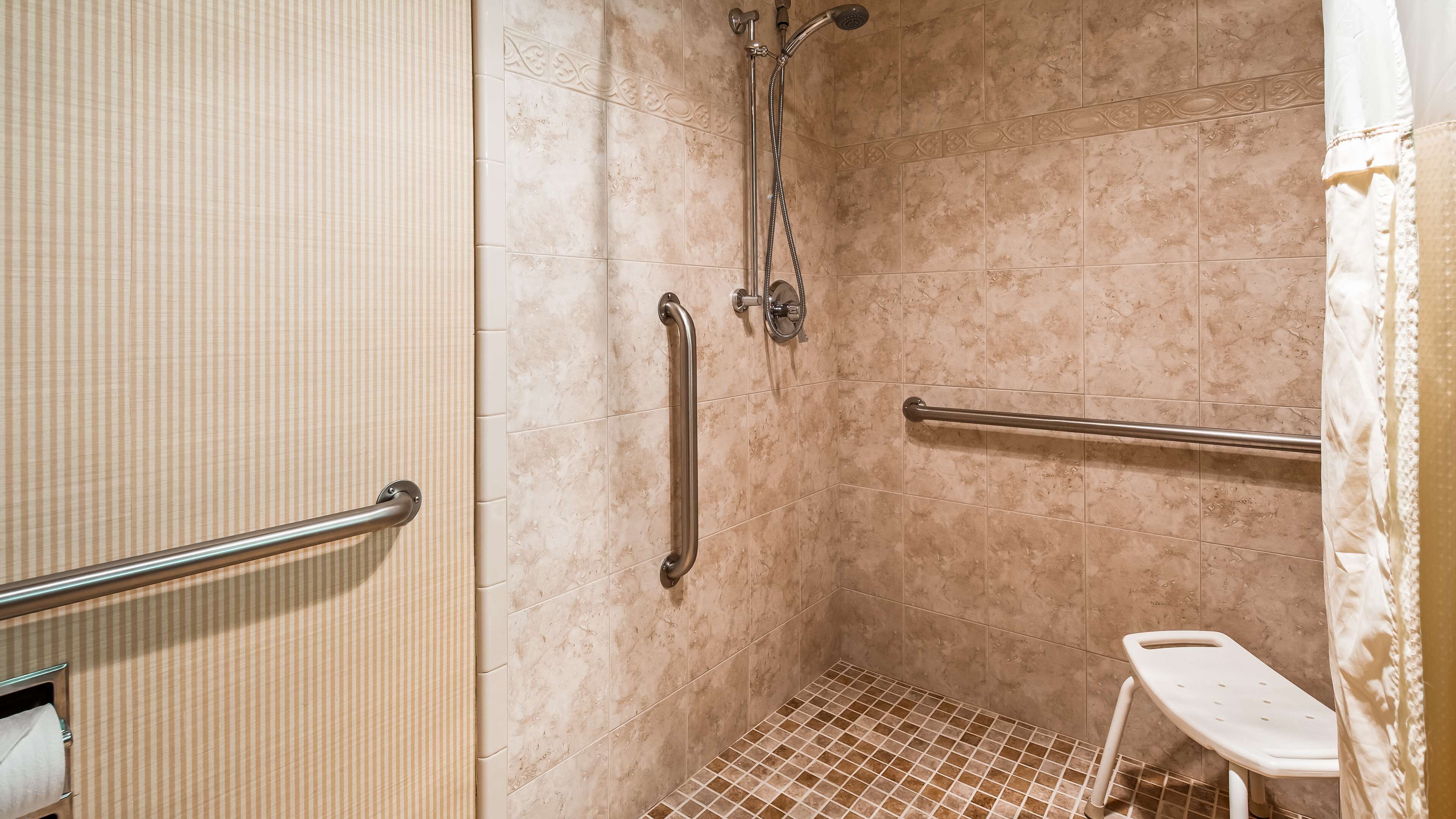 A bathroom with a shower, grab bars, a toilet, and a towel rack.