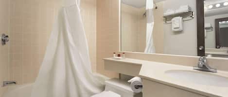 Combined shower/tub, deep soaking tub, free toiletries, hair dryer