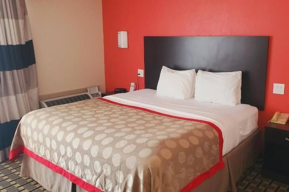A hotel room with a bed, a nightstand, a telephone, and a red wall.