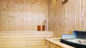 Uma sauna com paredes e bancos de madeira, além de piso e aquecedor de madeira.