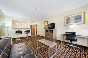 Suite, 2 Queen Beds, Non Smoking | Desk, laptop workspace, blackout drapes, iron/ironing board