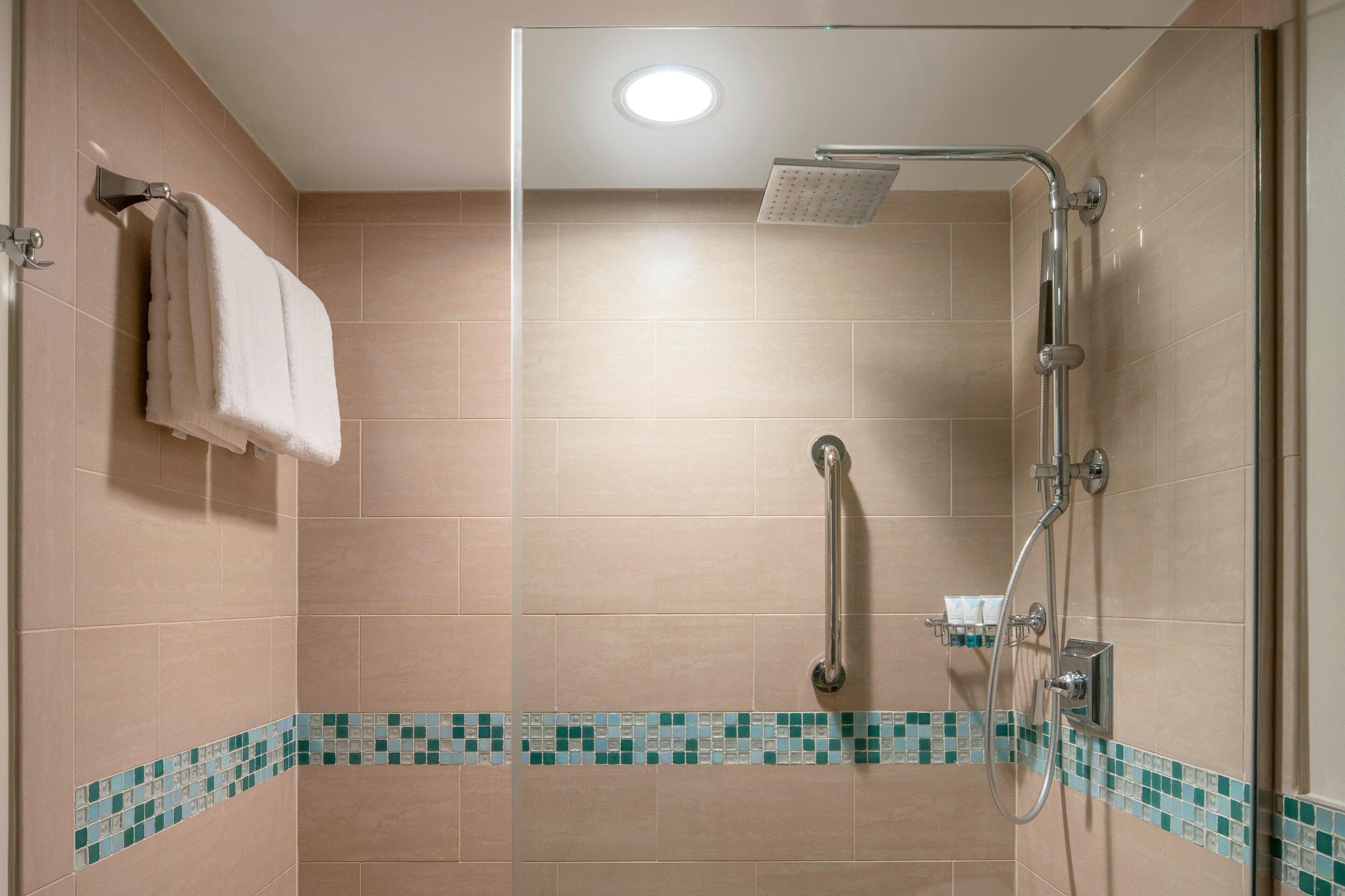 A shower with a handheld showerhead, a handheld shower control, and a glass door.