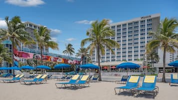 On the beach, sun-loungers, beach umbrellas, beach towels